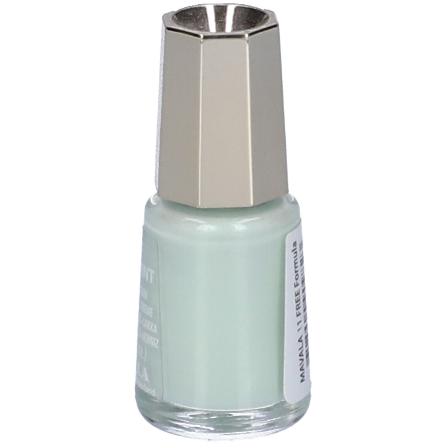 Flacone di smalto per unghie verde chiaro con tappo argentato. Etichetta con testo: MAVALA 11 FREE Formula.