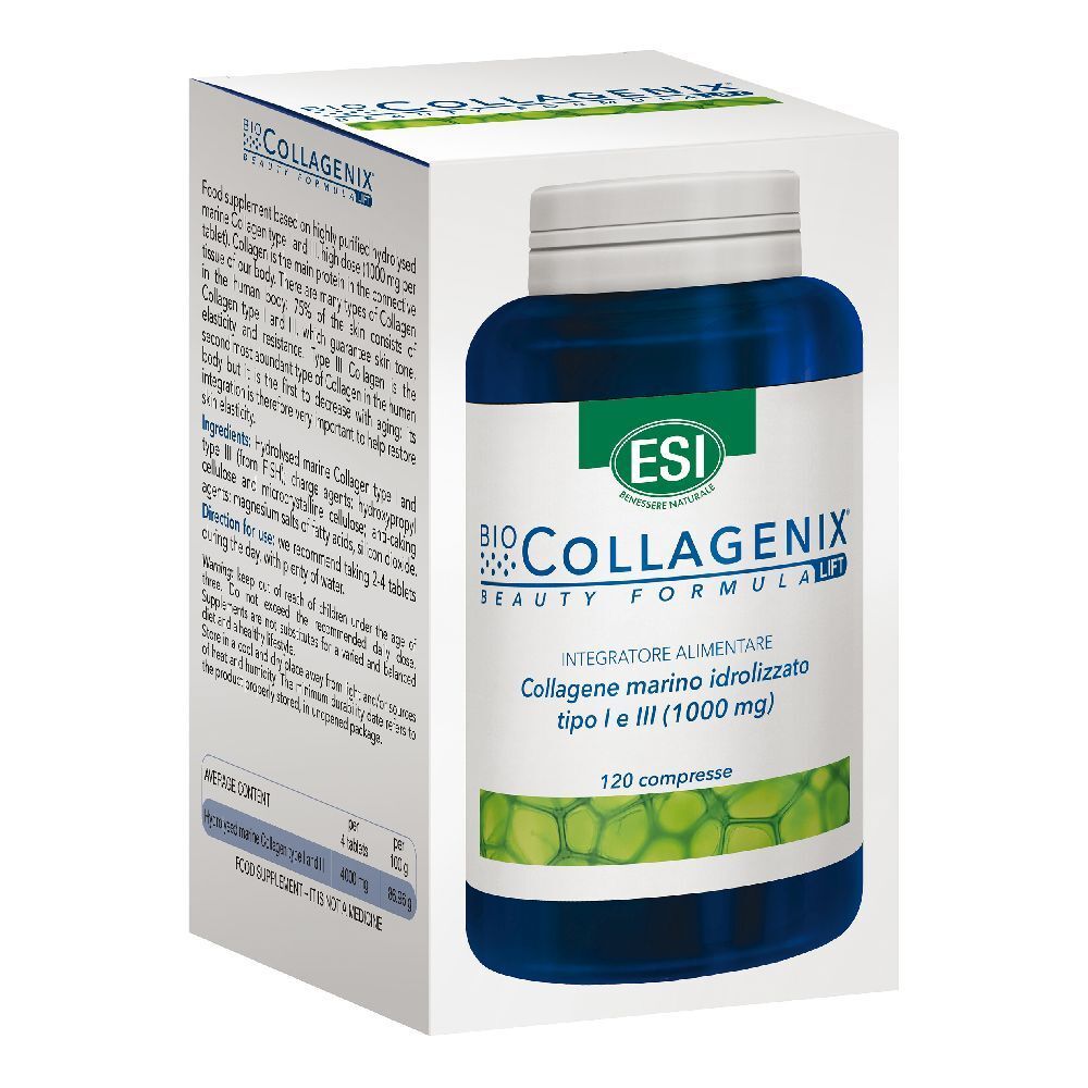 Scatola e flacone ESI Biocollagenix®. Flacone blu, tappo bianco. 120 compresse. Testo: Collageno marino tipo I e III.
