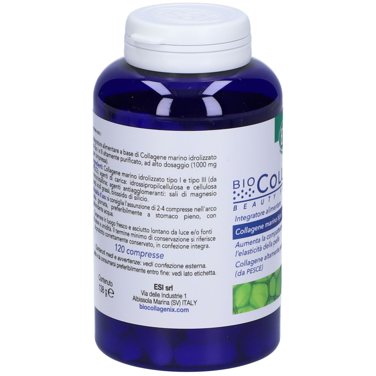 Retro del flacone blu ESI Biocollagenix® con tappo bianco. 120 compresse. Testo: Collageno marino tipo I e III. Beauty Formula Lift.
