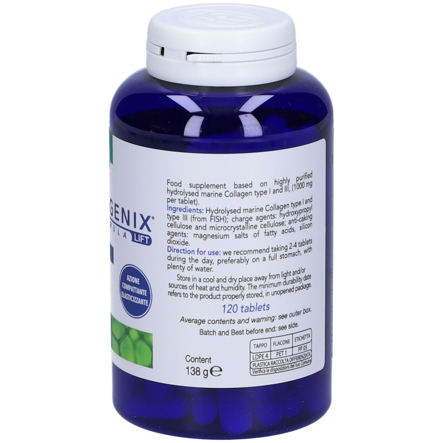 Retro del flacone blu ESI Biocollagenix® con tappo bianco. 120 compresse. Testo: Collageno marino tipo I e III. Beauty Formula Lift.