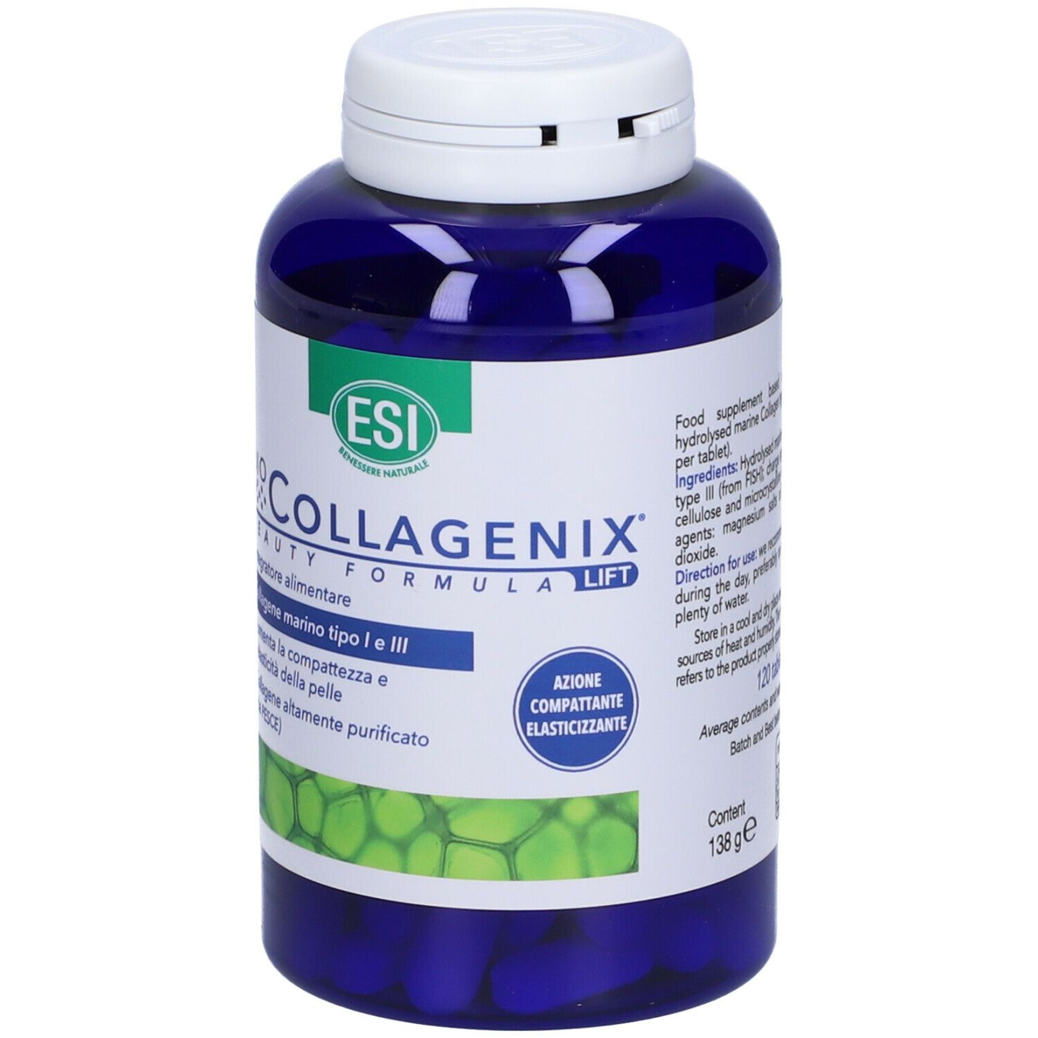 Flacone blu ESI Biocollagenix® con tappo bianco. 120 compresse. Testo: Collageno marino tipo I e III. Beauty Formula Lift.