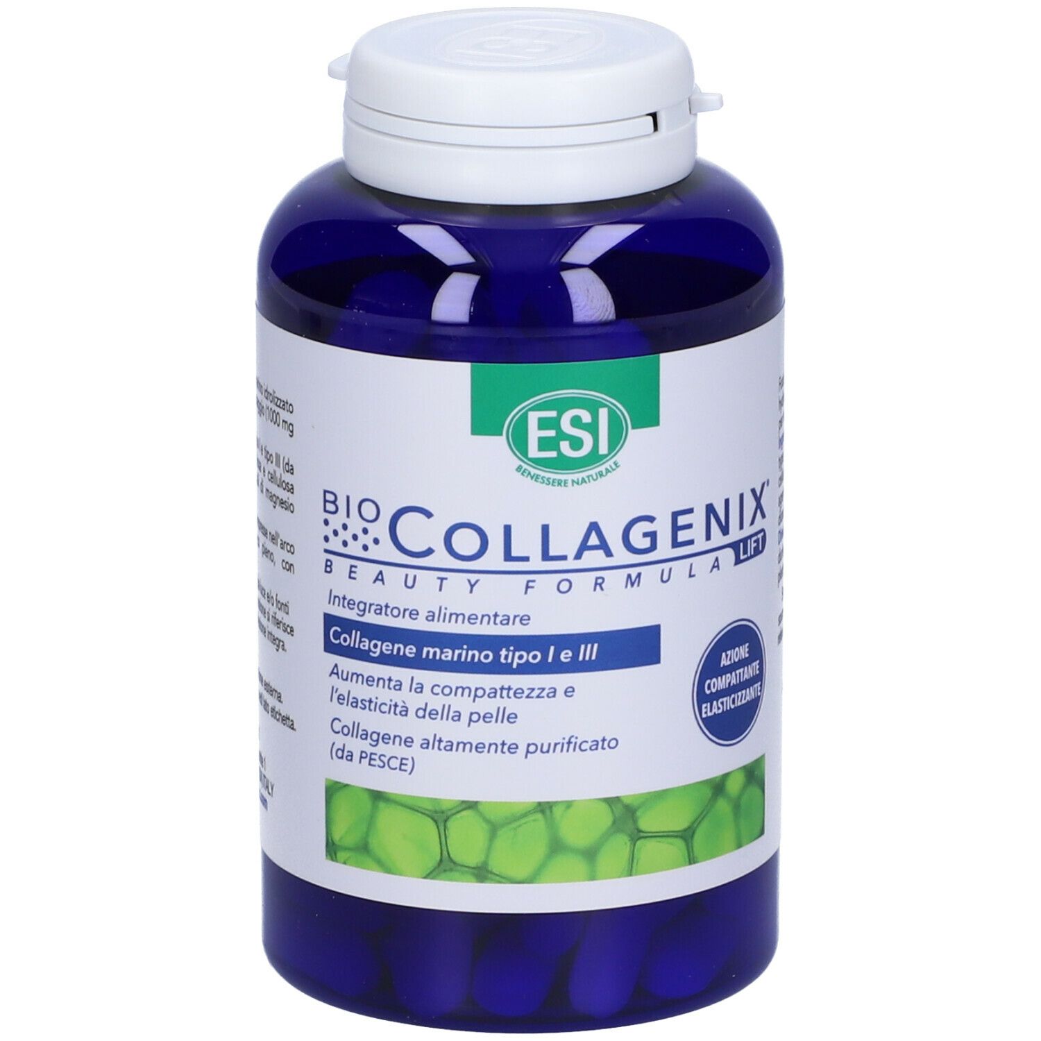 Flacone blu ESI Biocollagenix® con tappo bianco. 120 compresse. Testo: Collageno marino tipo I e III. Beauty Formula Lift.