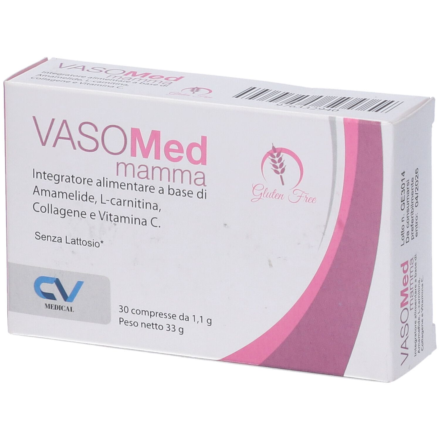 Scatola con nome e logo del prodotto. Accento rosa. Senza glutine. 30 compresse.