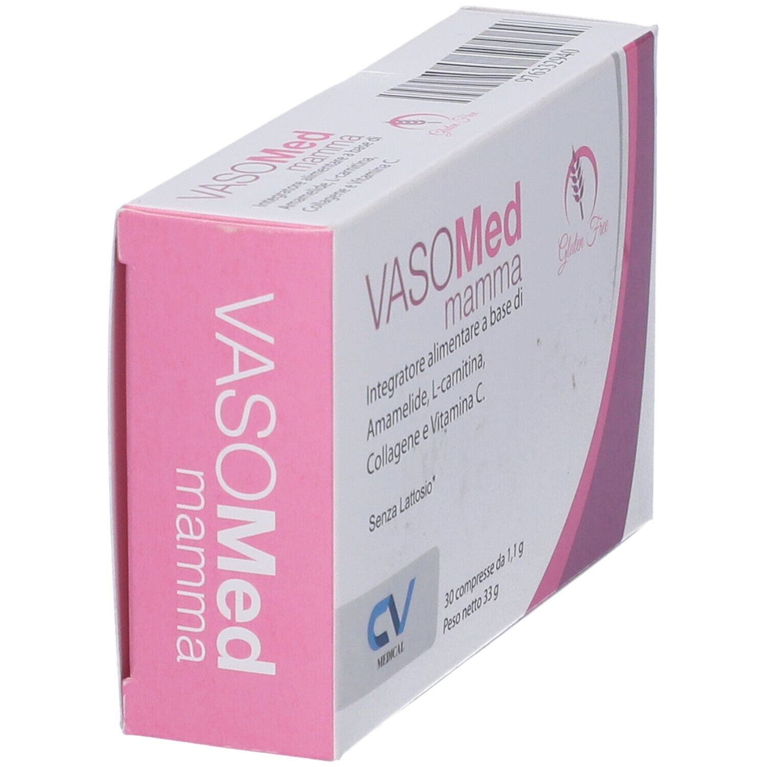 Scatola con nome e logo del prodotto. Accento rosa. Senza glutine. 30 compresse.