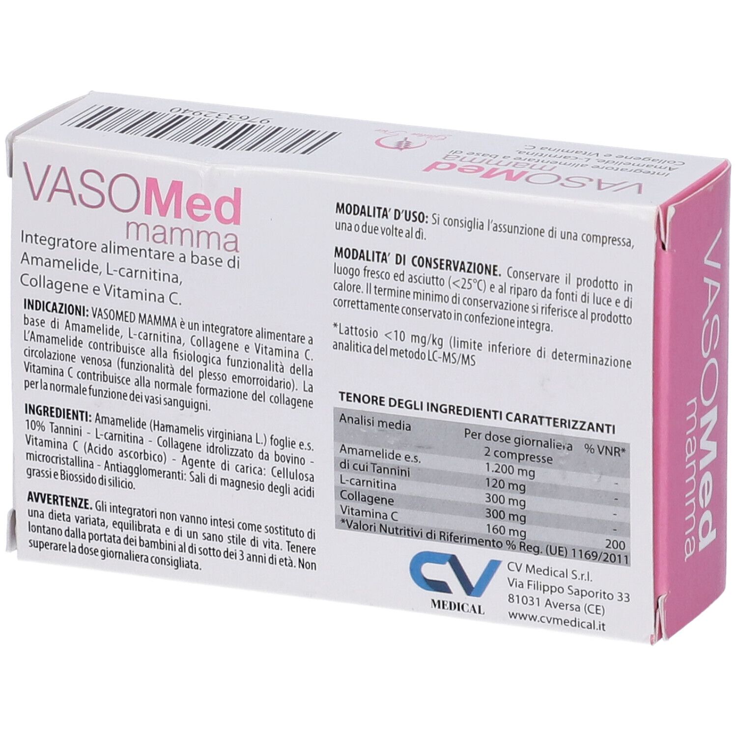 Scatola con nome e logo del prodotto. Accento rosa. Senza glutine. 30 compresse.