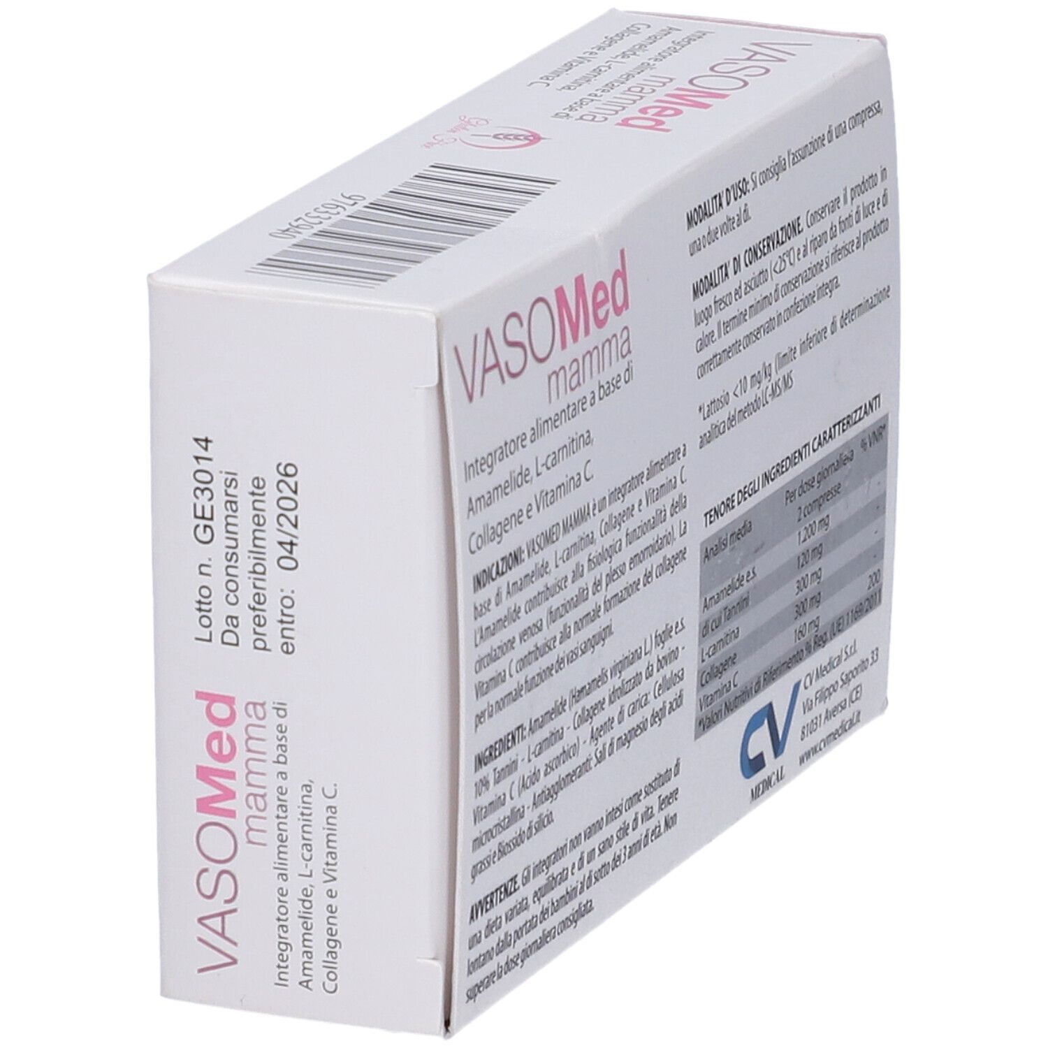 Scatola con nome e logo del prodotto. Accento rosa. Senza glutine. 30 compresse.