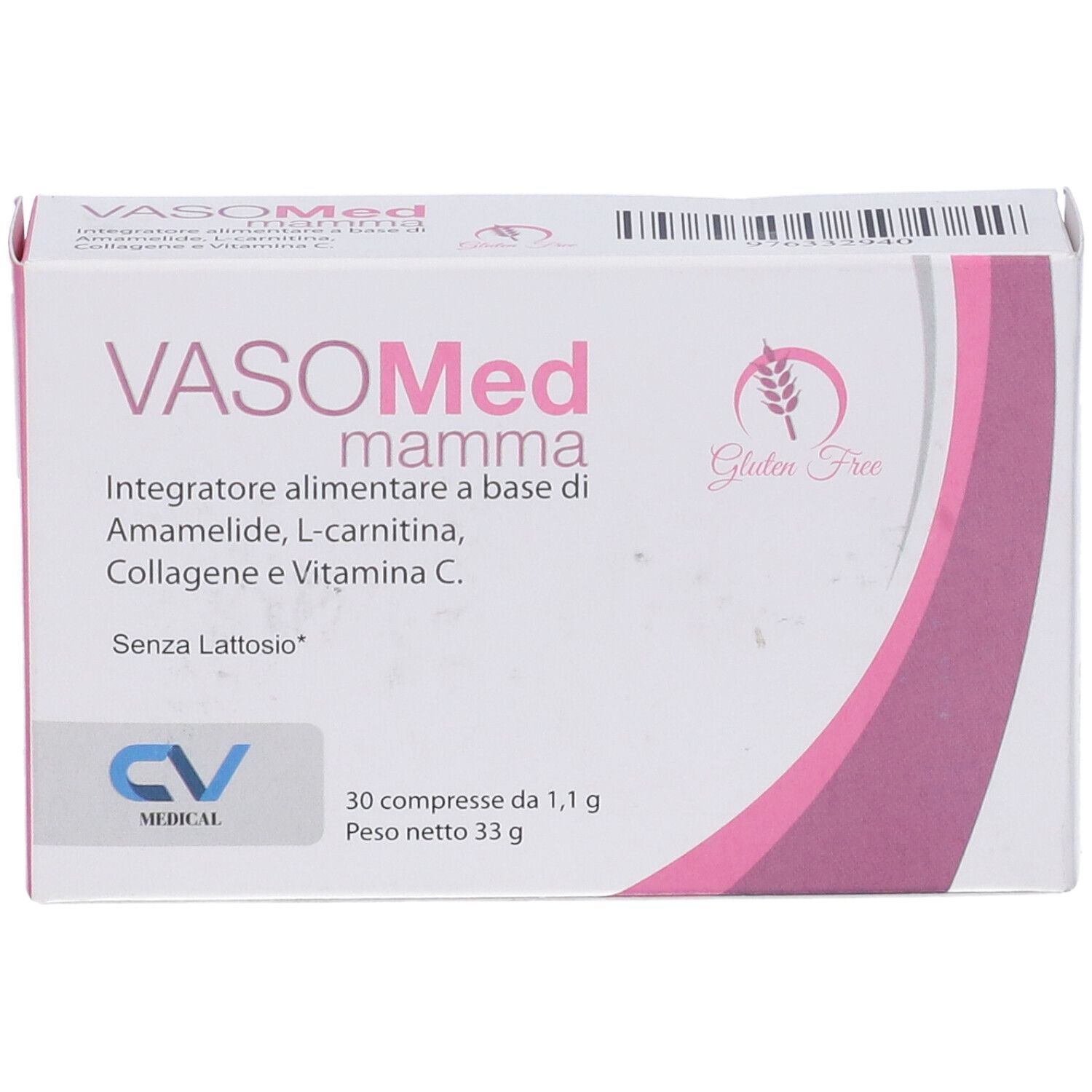 Scatola con nome e logo del prodotto. Accento rosa. Senza glutine. 30 compresse.