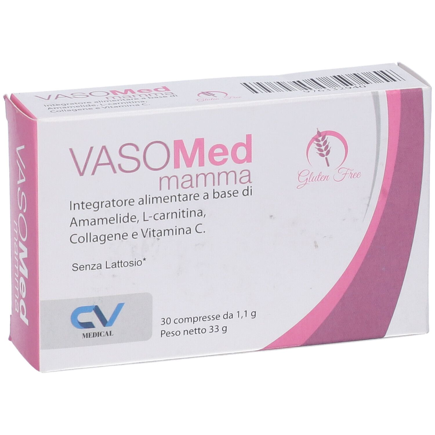 Scatola con nome e logo del prodotto. Accento rosa. Senza glutine. 30 compresse.