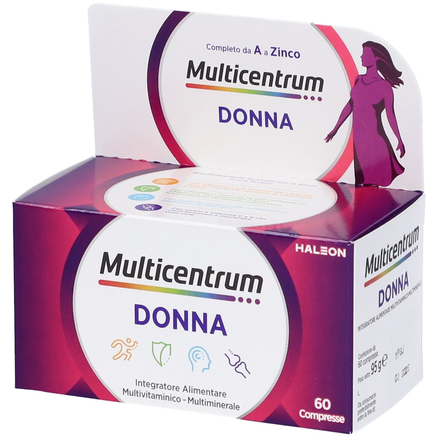 Verpackung von Multicentrum Donna. Aufdruck: Multivitaminpräparat für Frauen, 60 Tabletten. Lila-weiße Schachtel mit Logo und Frau.