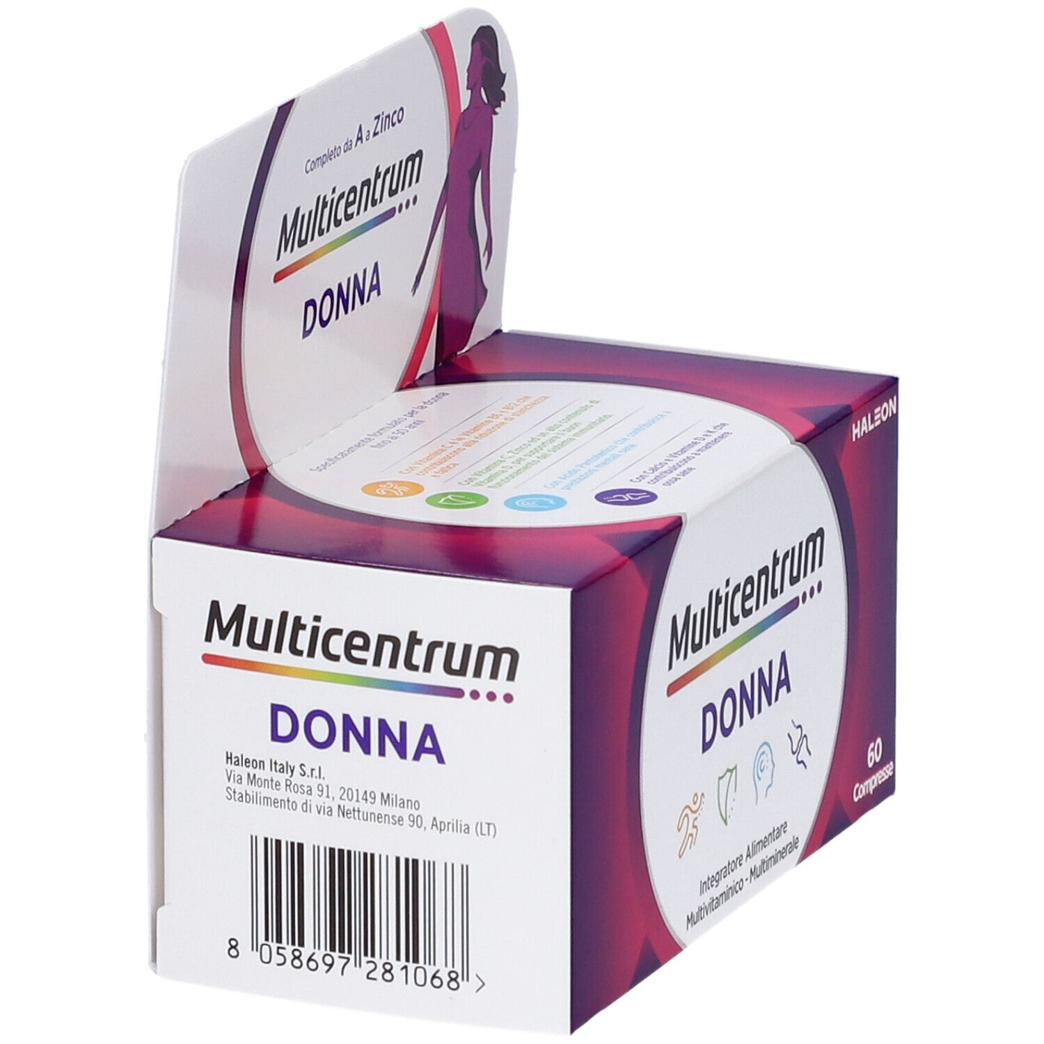 Multicentrum Donna-Verpackung. Aufdruck: Multivitaminpräparat für Frauen. Lila-weiße Schachtel mit Logo und Frau. Rückseite mit Inhaltsstoffen.