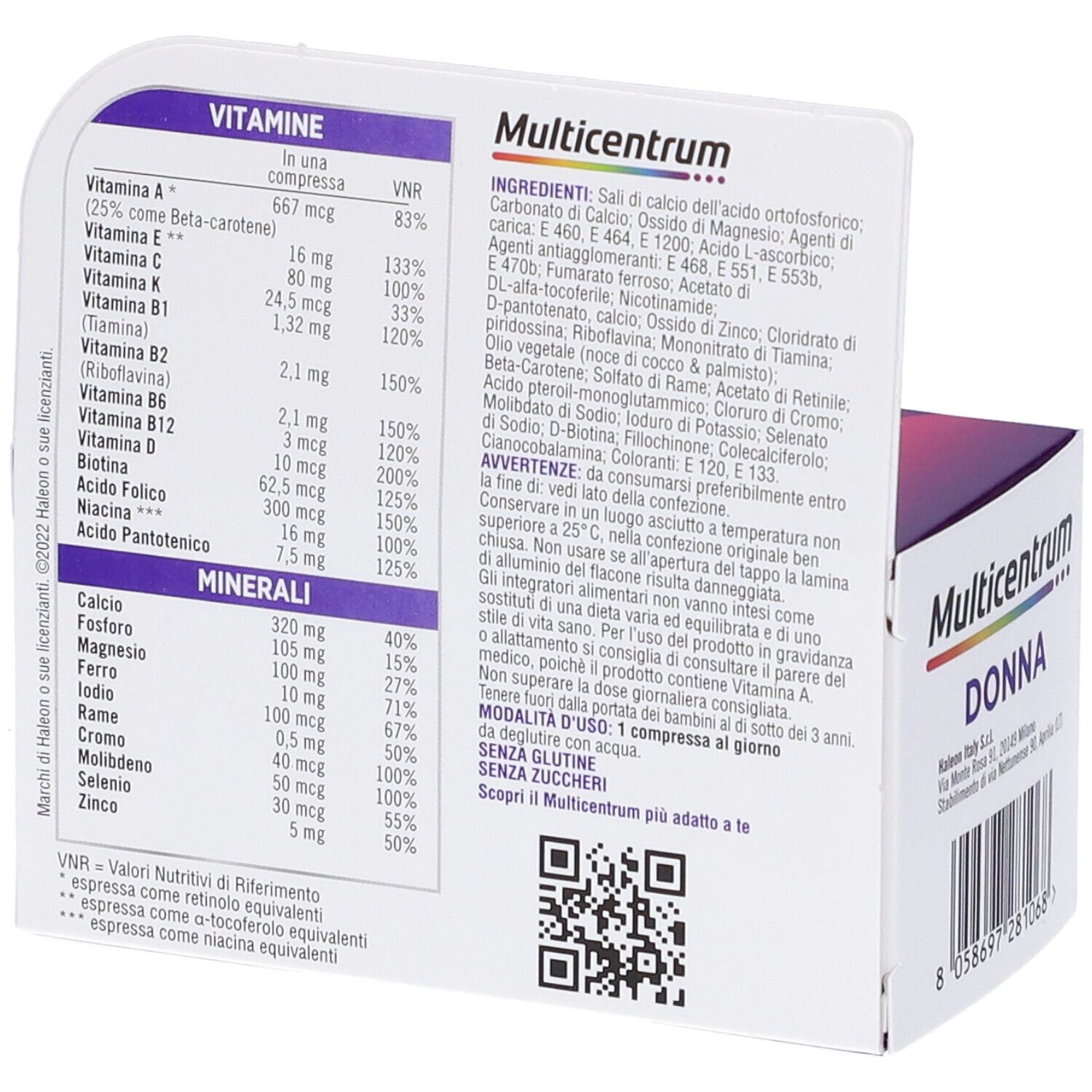 Rückseite der Multicentrum Donna-Verpackung. Enthält Informationen zu Vitaminen, Mineralien und Inhaltsstoffen. QR-Code und Chargennummer.