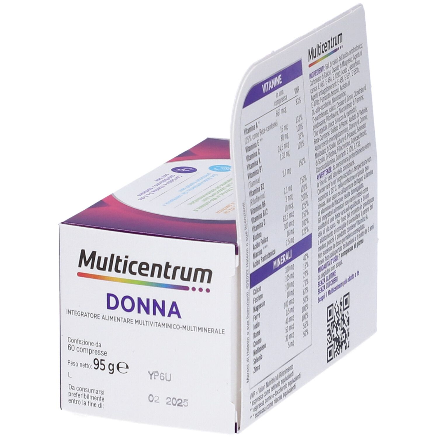Multicentrum Donna-Verpackung. Aufgeklappte Schachtel mit Informationen zu Vitaminen, Mineralien und Inhaltsstoffen. 60 Tabletten.