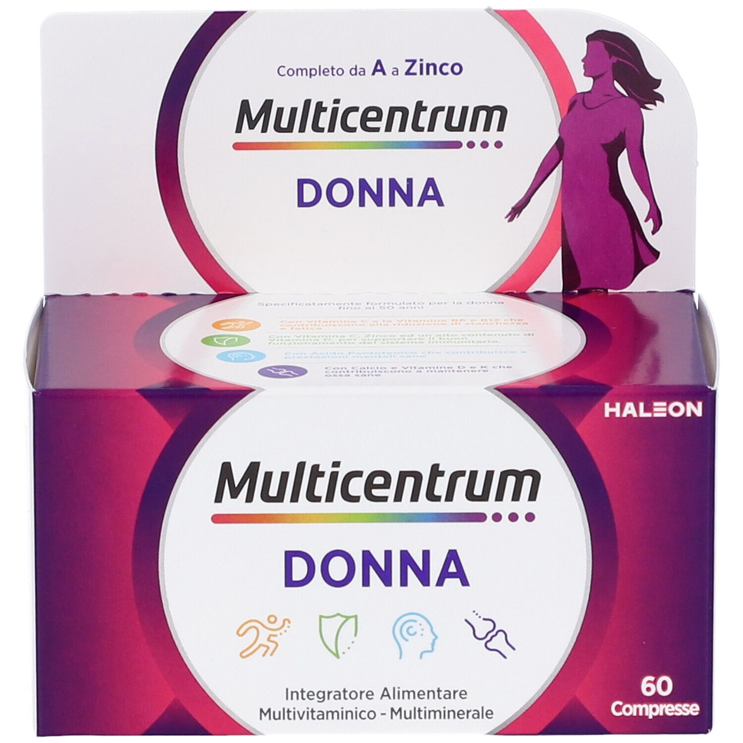 Multicentrum Donna-Verpackung. Aufdruck: Multivitaminpräparat für Frauen, 60 Tabletten. Lila-weiße Schachtel mit Logo und Frau.