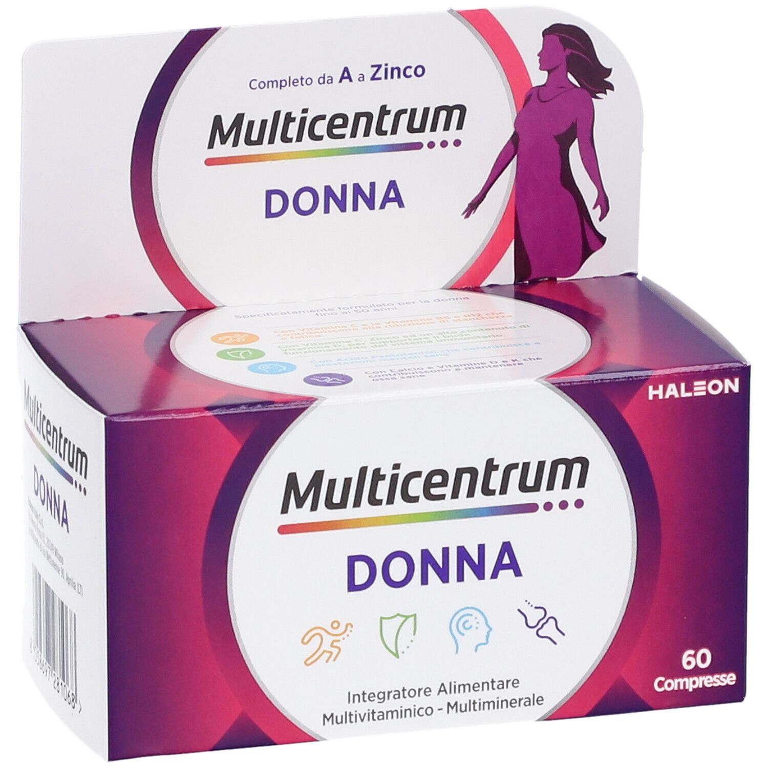 Multicentrum Donna-Verpackung. Aufdruck: Multivitaminpräparat für Frauen, 60 Tabletten. Lila-weiße Schachtel mit Logo und Frau.