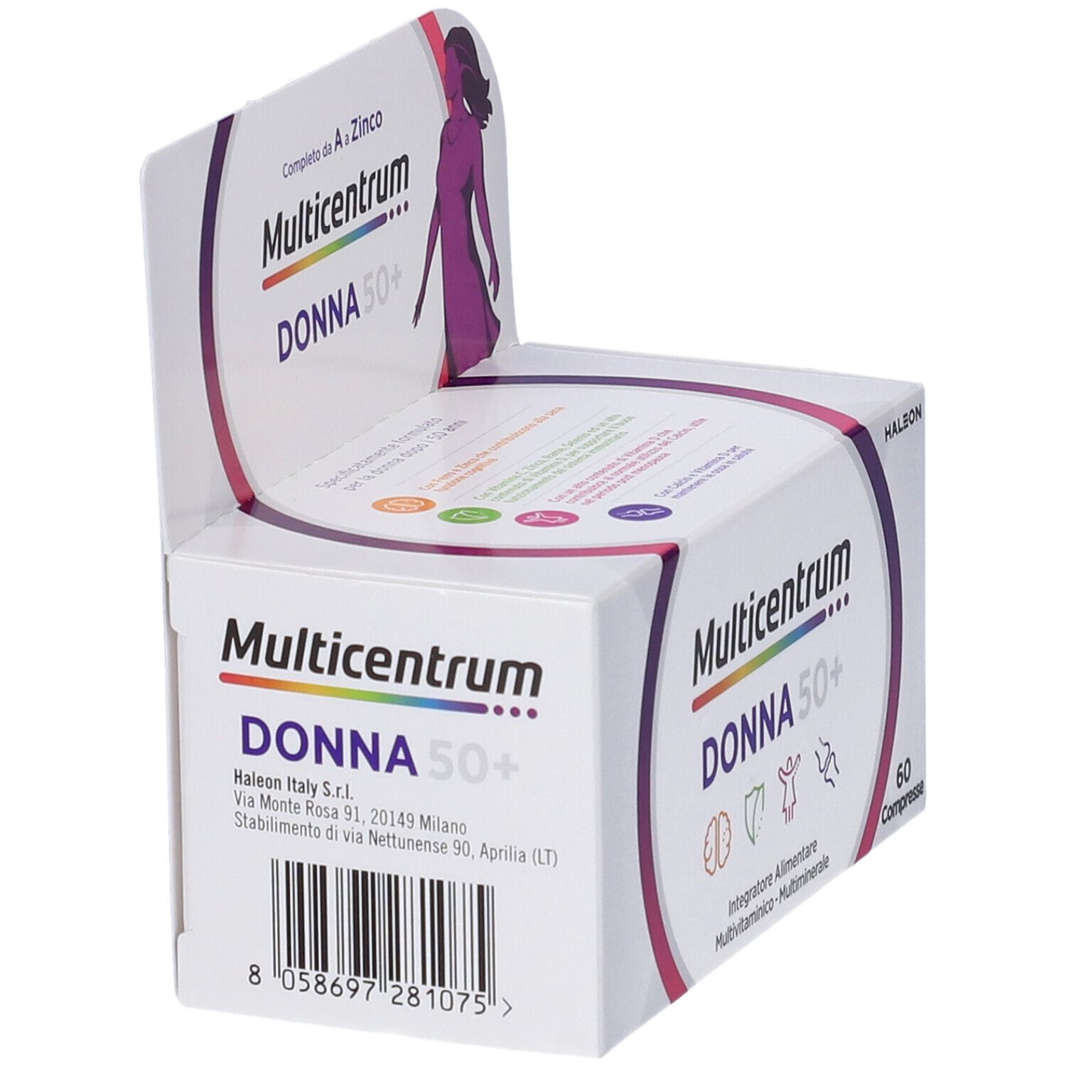 Boîte Multicentrum Donna 50+. Logo, code-barres et informations. Emballage blanc avec accents violets.