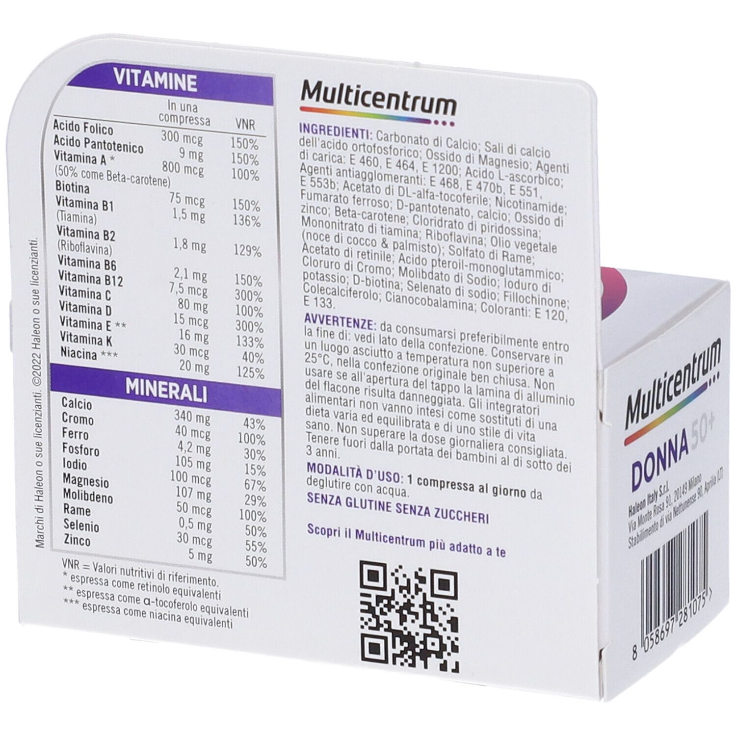 Boîte Multicentrum Donna 50+ avec informations. Contient vitamines et minéraux. Emballage blanc.