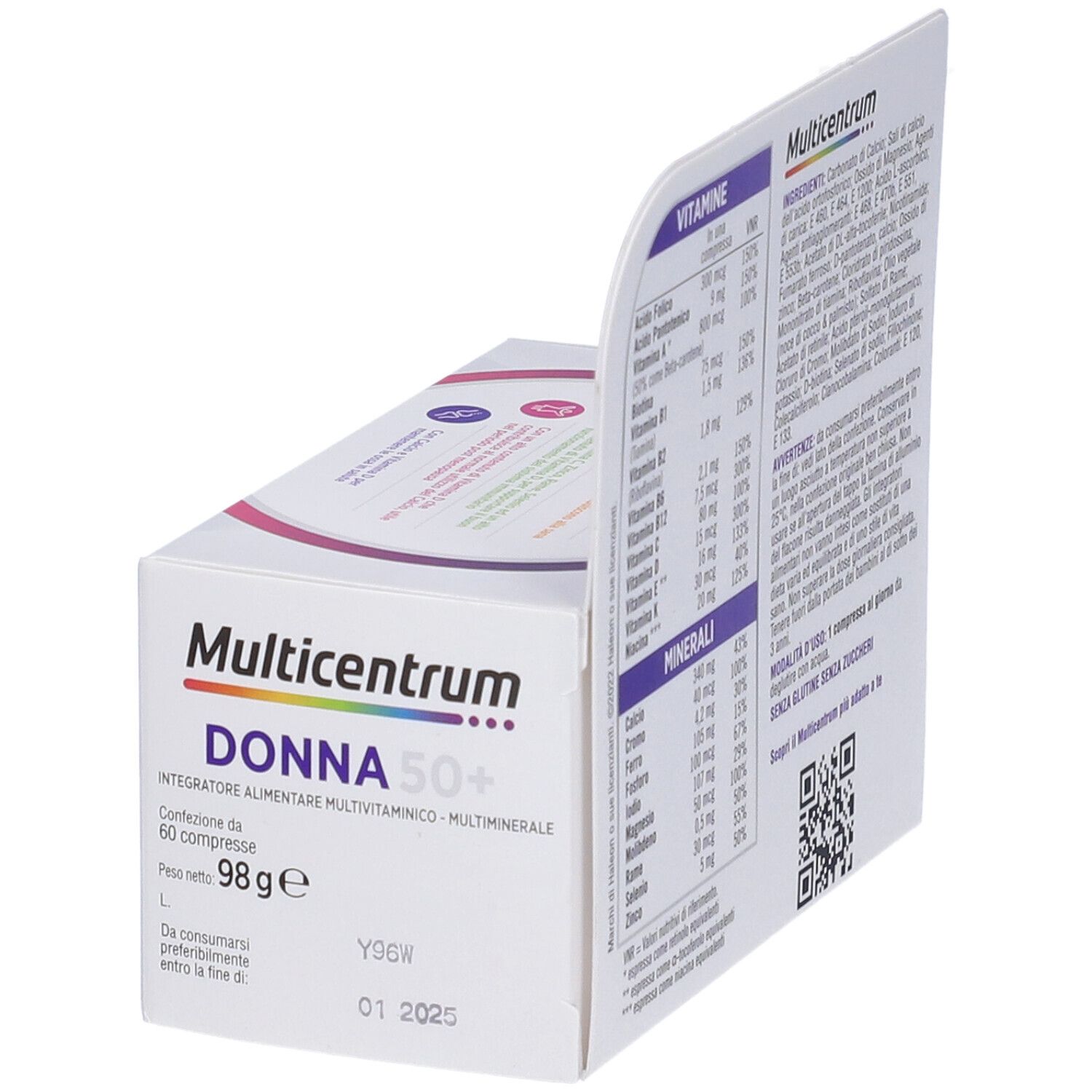 Boîte Multicentrum Donna 50+ avec informations. Contient 60 comprimés. Emballage blanc.