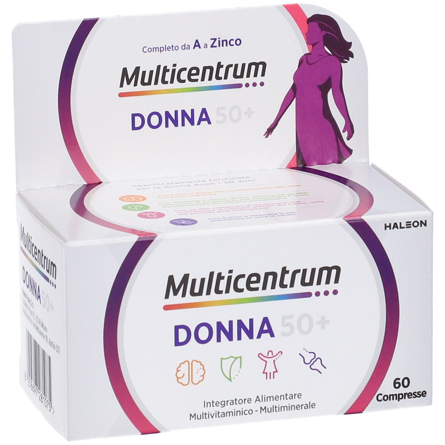 Boîte Multicentrum Donna 50+. Contient 60 comprimés. Logo et silhouette féminine. Emballage blanc.