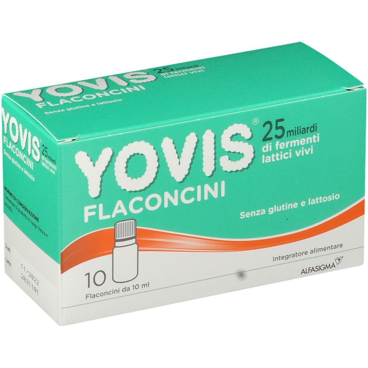 Scatola YOVIS Flaconcini. 10 flaconcini. Senza glutine e lattosio. Marchio ALFASIGMA.