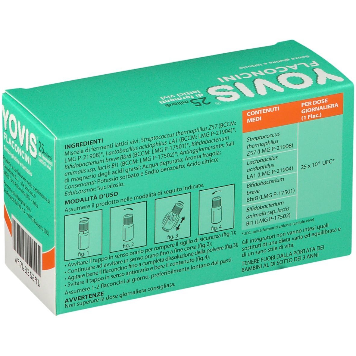 Retro della scatola YOVIS Flaconcini. Ingredienti, uso, avvertenze.