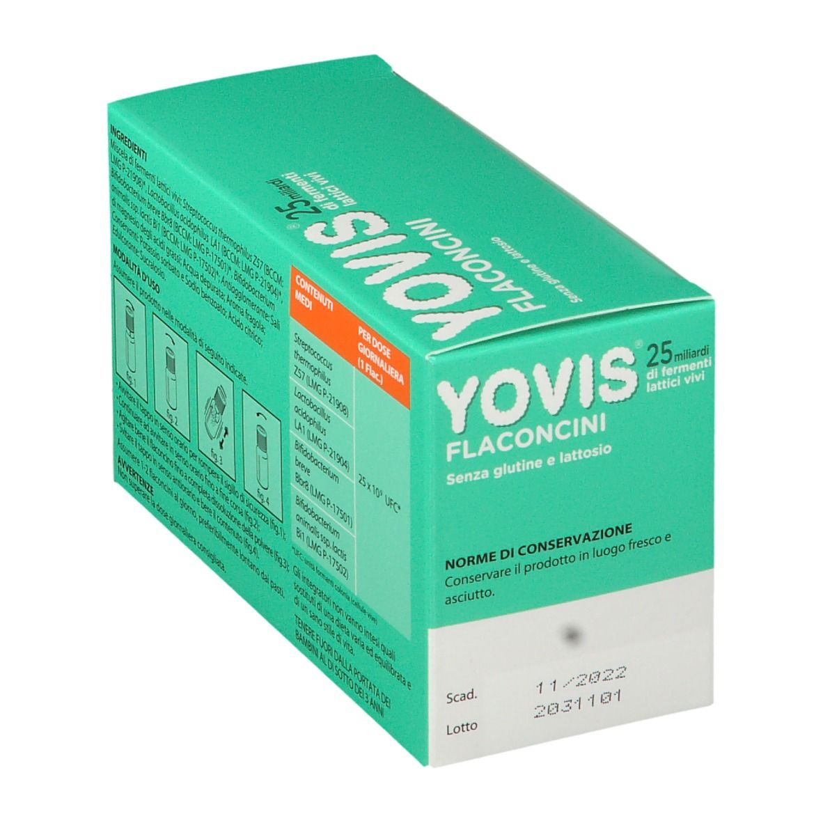 Scatola YOVIS Flaconcini. Scadenza 11/2022. Istruzioni di conservazione.