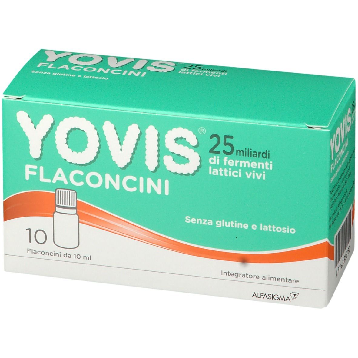 Scatola YOVIS Flaconcini. 10 flaconcini. Senza glutine e lattosio. Marchio ALFASIGMA. Vista obliqua.