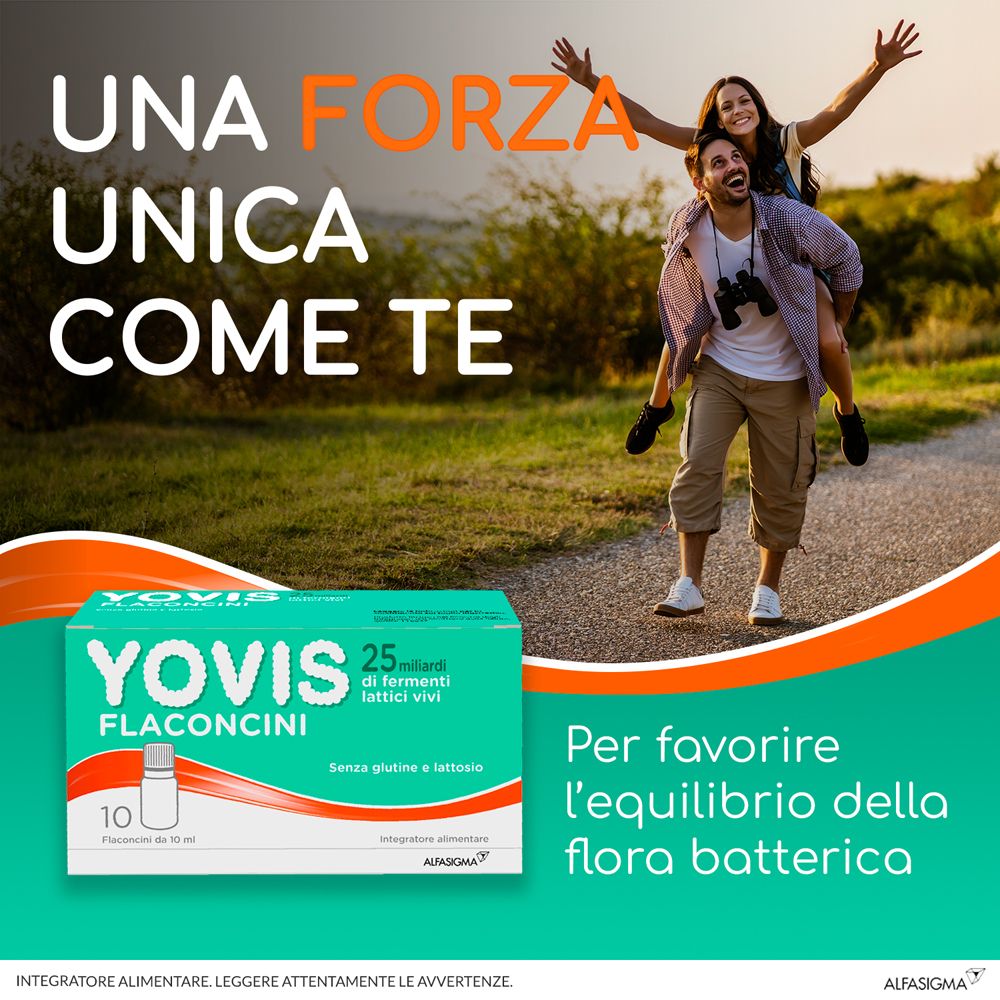 Pubblicità con YOVIS Flaconcini. Confezione da 10 flaconcini. Testo: Una Forza Unica Come Te.