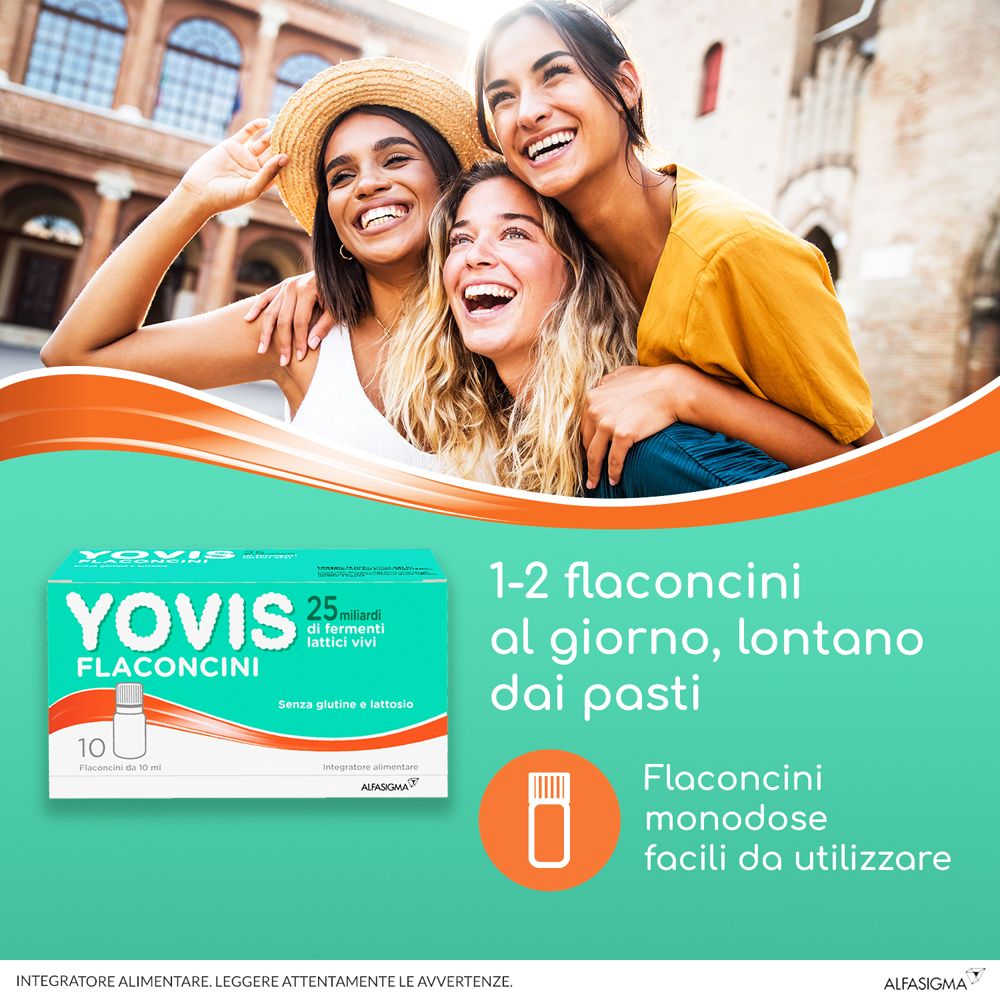 Tre donne sorridenti. Confezione YOVIS Flaconcini. 1-2 flaconcini al giorno. Monodose.