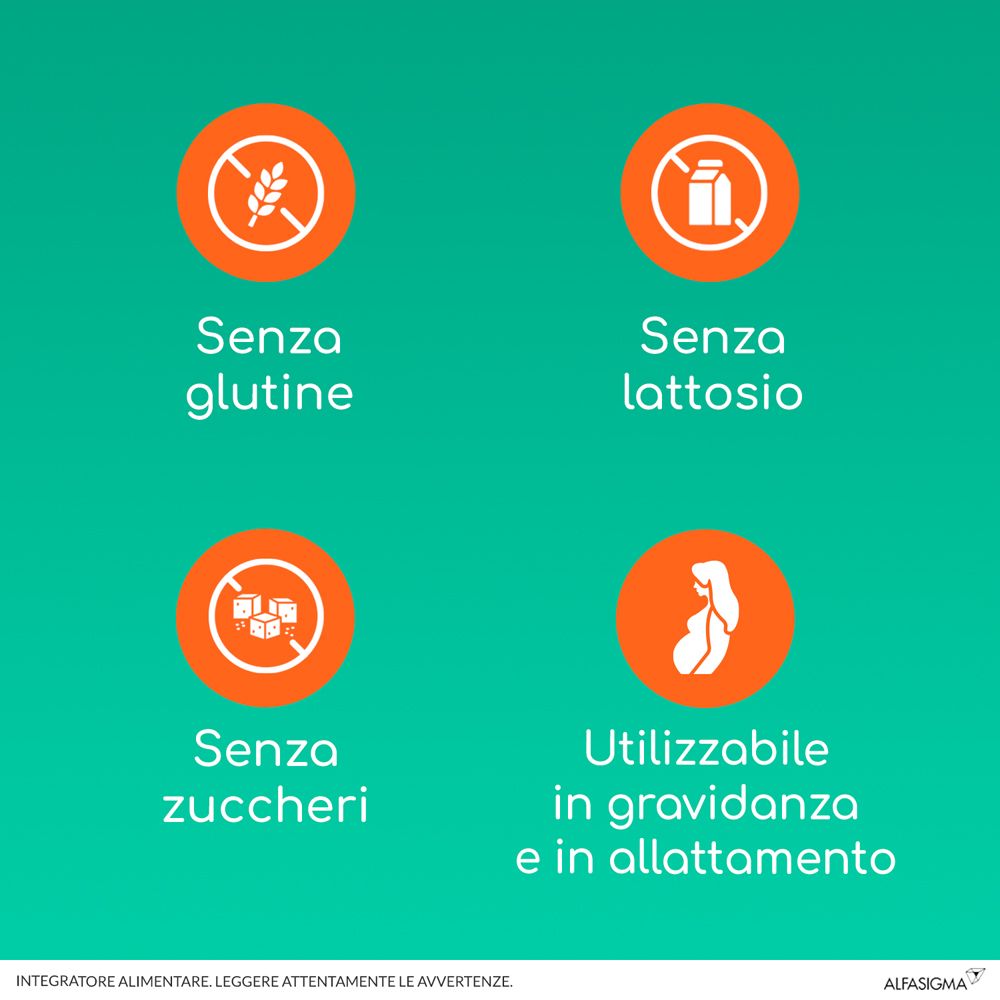 Grafica: Senza glutine, lattosio, zuccheri. Utilizzabile in gravidanza e allattamento.