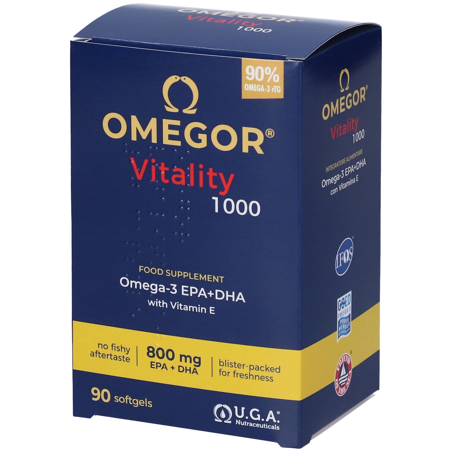 Scatola blu scuro OMEGOR Vitality 1000. Contiene 90 softgels. Scritto: Omega-3 EPA+DHA con vitamina E. U.G.A. Nutraceuticals.