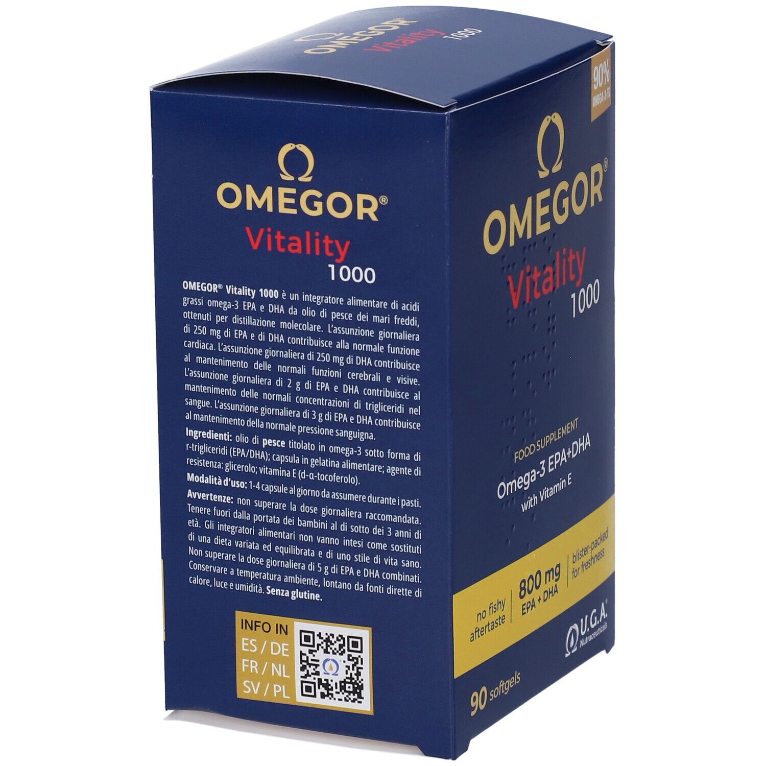Retro della scatola OMEGOR Vitality 1000. Testo multilingue. Contiene informazioni sugli ingredienti e l'uso. U.G.A. Nutraceuticals.