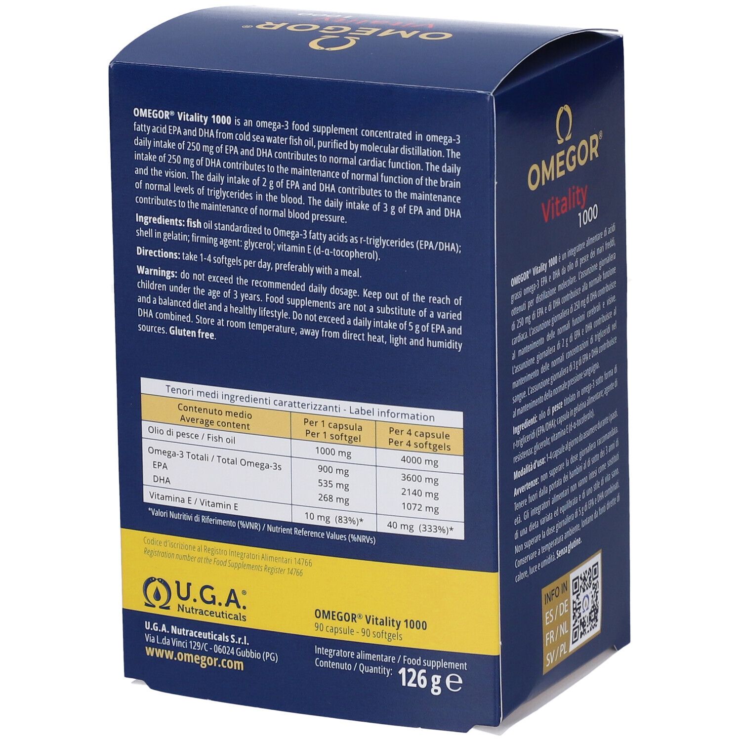 Retro della scatola OMEGOR Vitality 1000. Contiene informazioni sugli ingredienti e i valori nutrizionali. U.G.A. Nutraceuticals. Peso: 126 g.