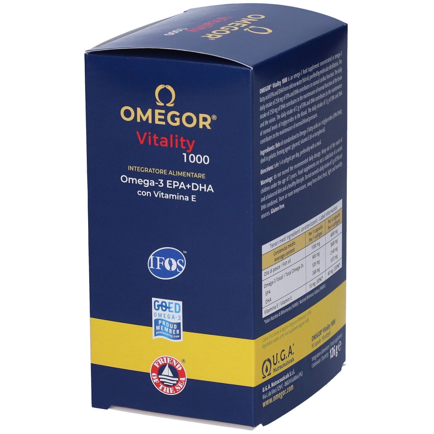 Scatola OMEGOR Vitality 1000 con sigilli IFOS e GOED. Contiene 90 softgels. U.G.A. Nutraceuticals. Scritto: Omega-3 EPA+DHA con vitamina E.