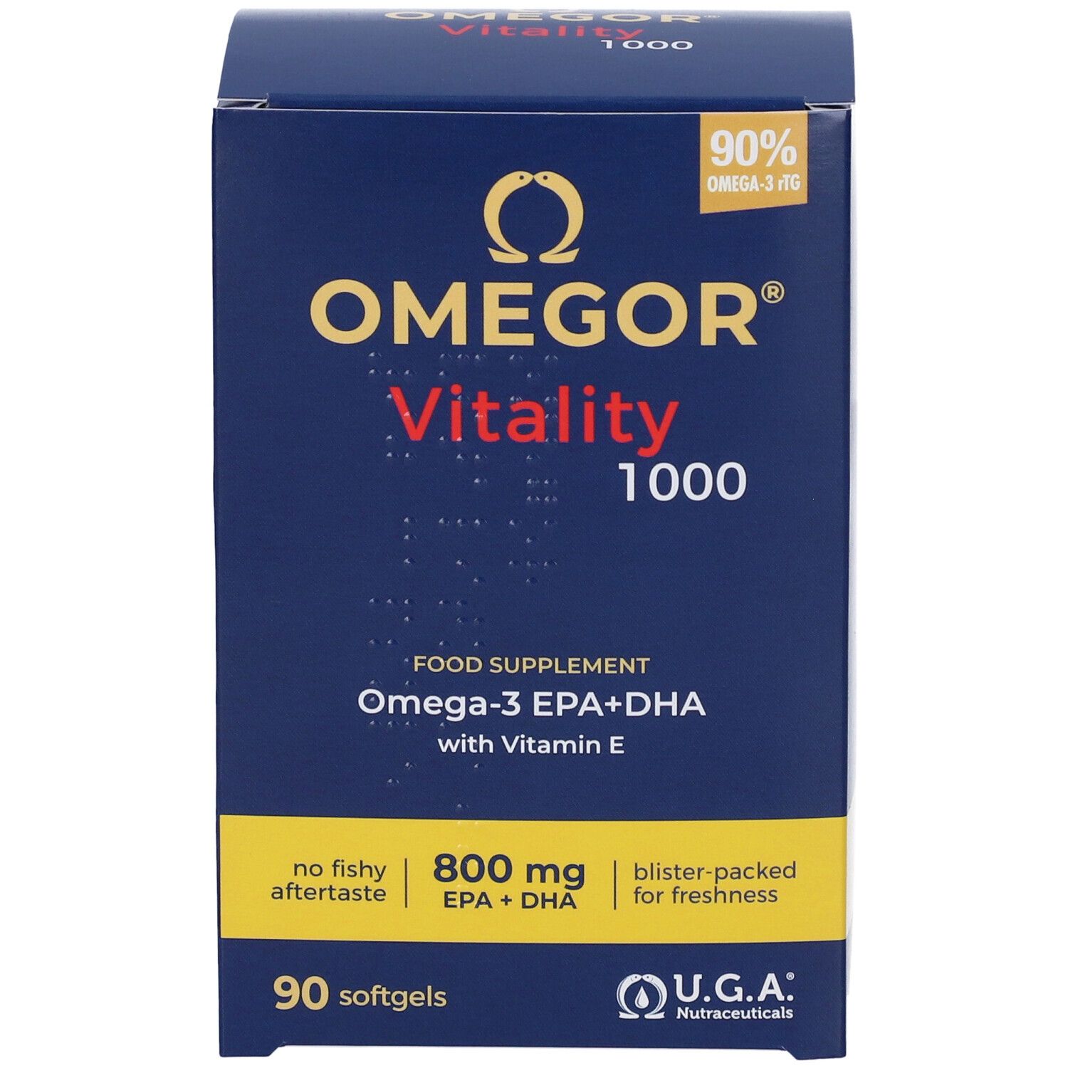 Scatola blu scuro OMEGOR Vitality 1000. Contiene 90 softgels. Scritto: Omega-3 EPA+DHA con vitamina E. U.G.A. Nutraceuticals. Senza retrogusto di pesce.