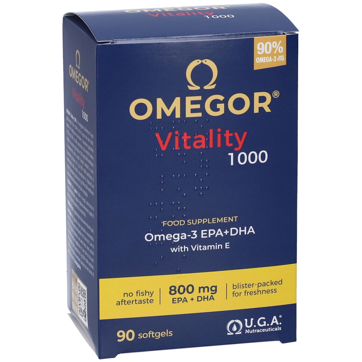 Scatola blu scuro OMEGOR Vitality 1000. Contiene 90 softgels. Scritto: Omega-3 EPA+DHA con vitamina E. U.G.A. Nutraceuticals. 90% Omega-3 TG.