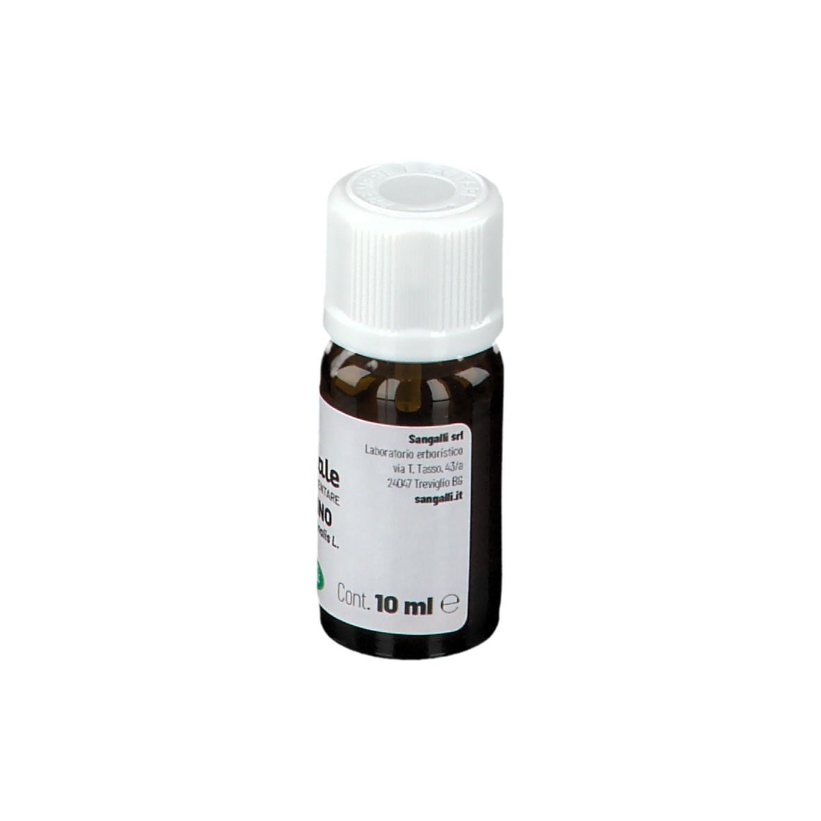 Flacone di vetro marrone con tappo bianco. Etichetta con testo: Olio essenziale Rosmarino. Contiene 10 ml.