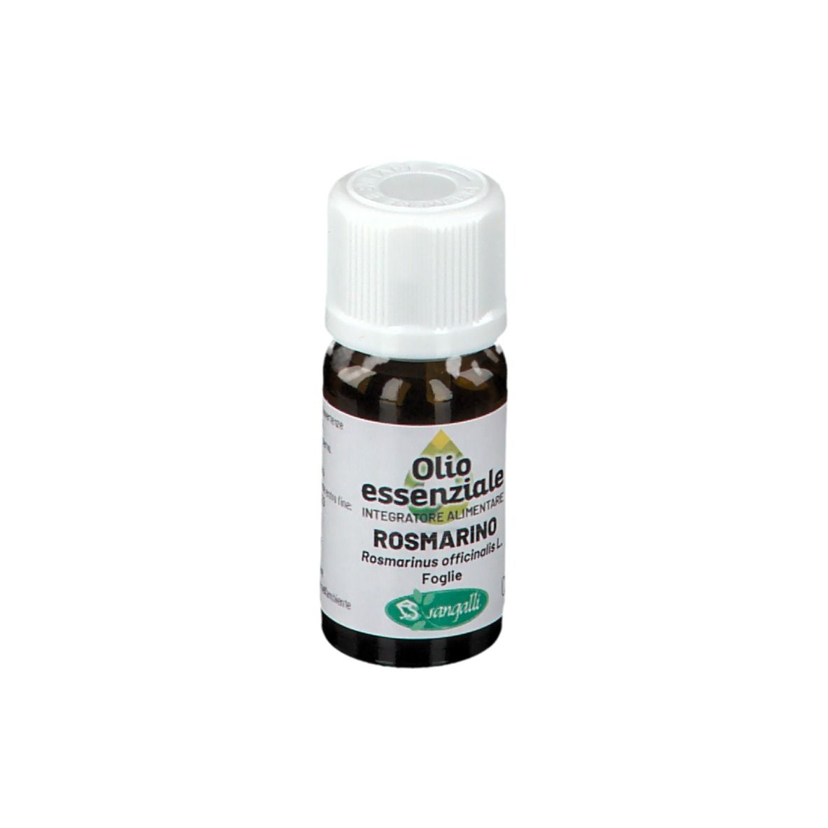 Flacone di vetro marrone con tappo bianco. Etichetta con testo: Olio essenziale Rosmarino. Marchio Sangalli.