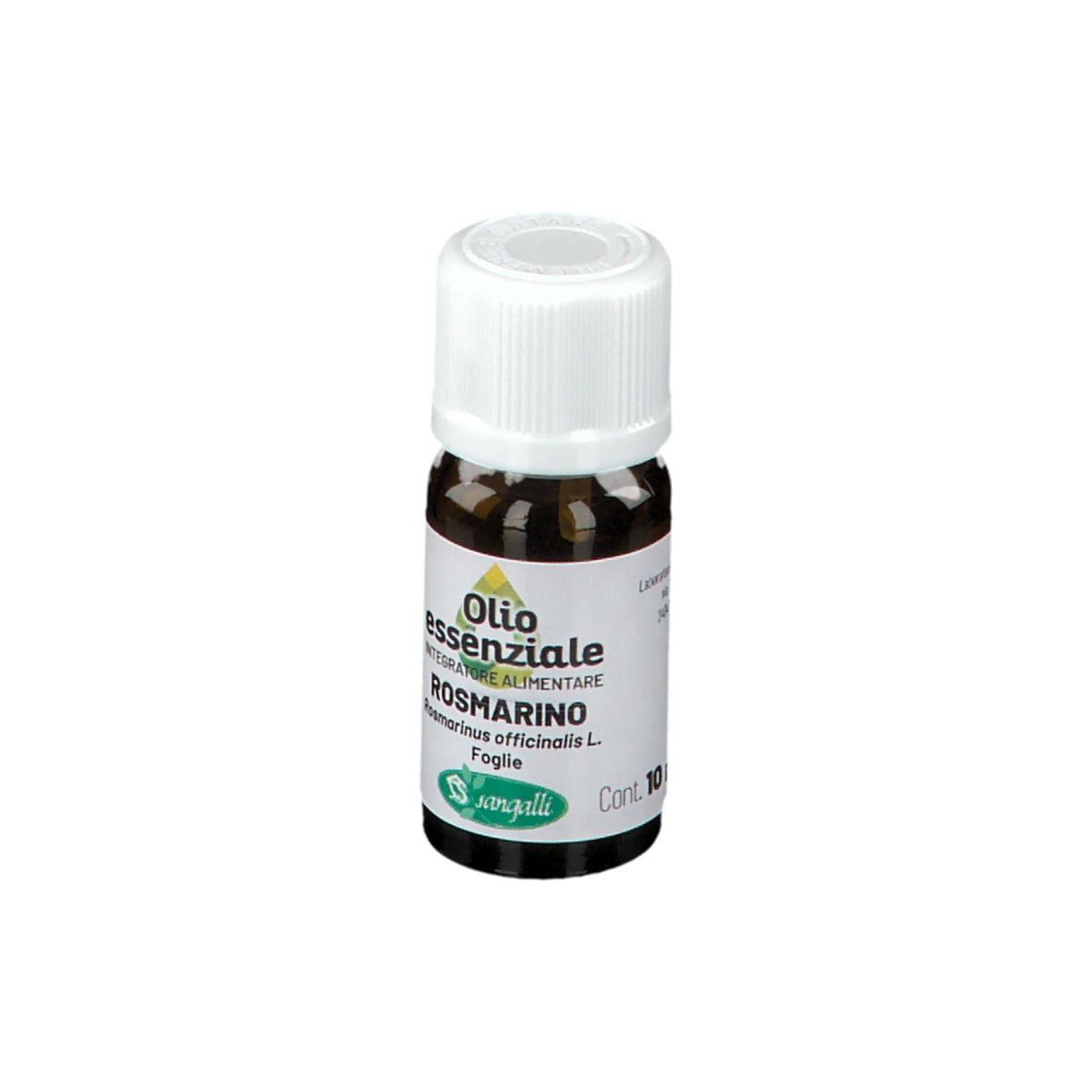 Flacone di vetro marrone con tappo bianco. Etichetta con testo: Olio essenziale Rosmarino. Marchio Sangalli. 10 ml.