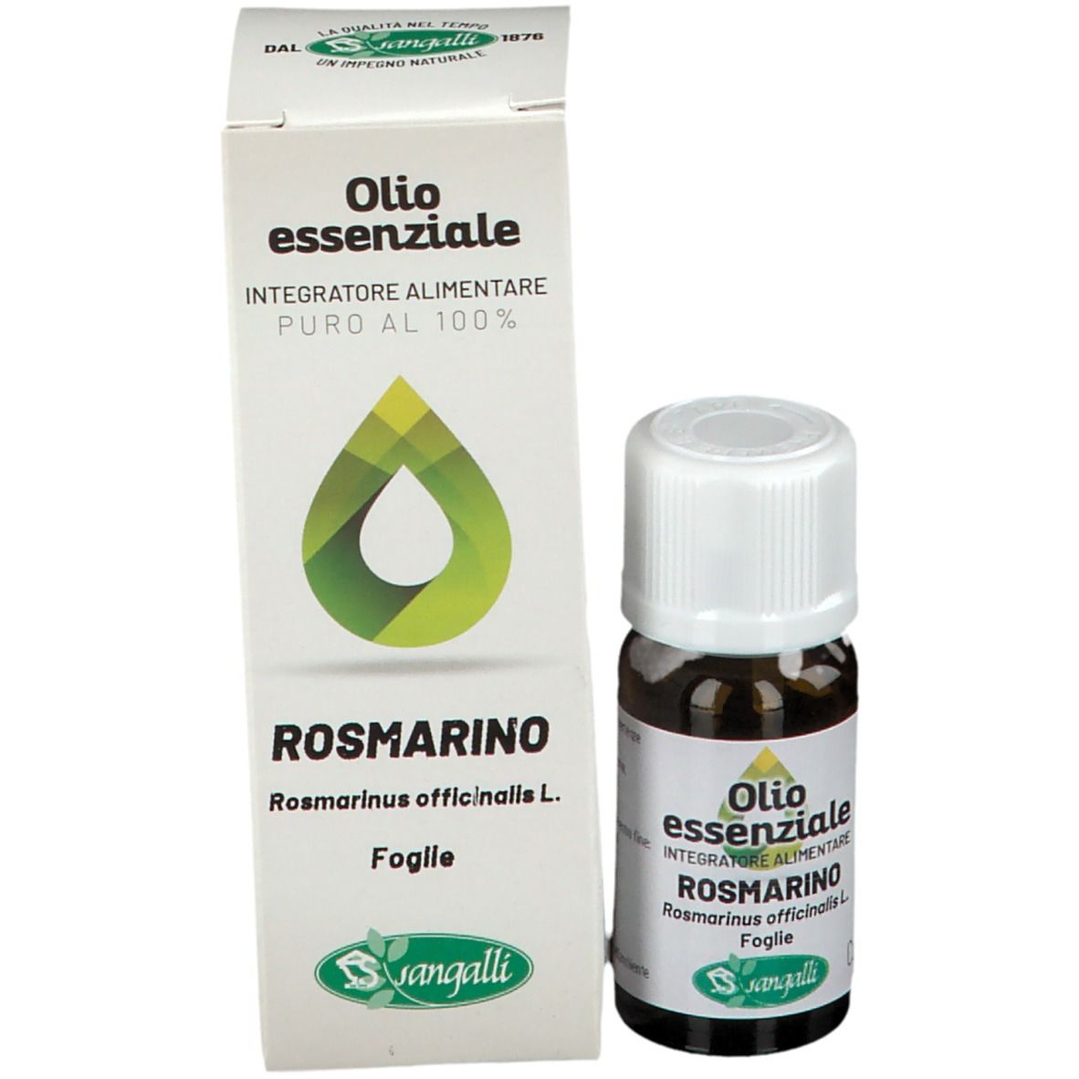Flacone di vetro marrone con tappo bianco e confezione in cartone. Testo: Olio essenziale Rosmarino. Marchio Sangalli.