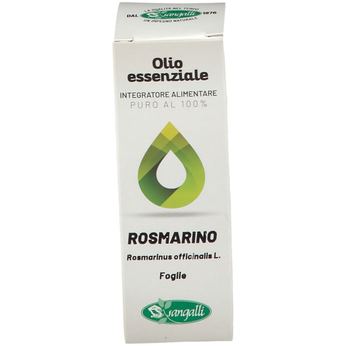 Confezione in cartone con testo: Olio essenziale Rosmarino. Marchio Sangalli. Logo con goccia.