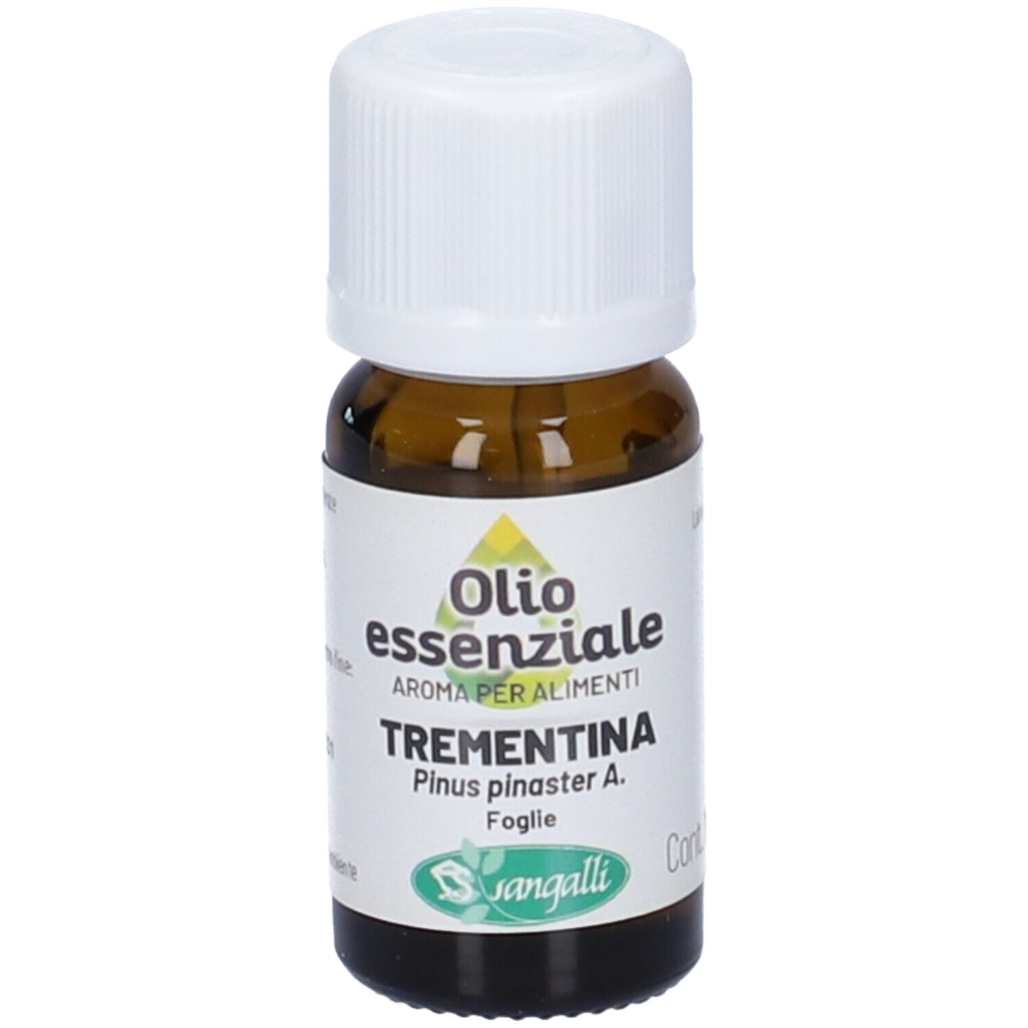 Flacone di vetro marrone con tappo bianco. Etichetta con nome del prodotto, ingredienti e marchio Sangalli. 10 ml.