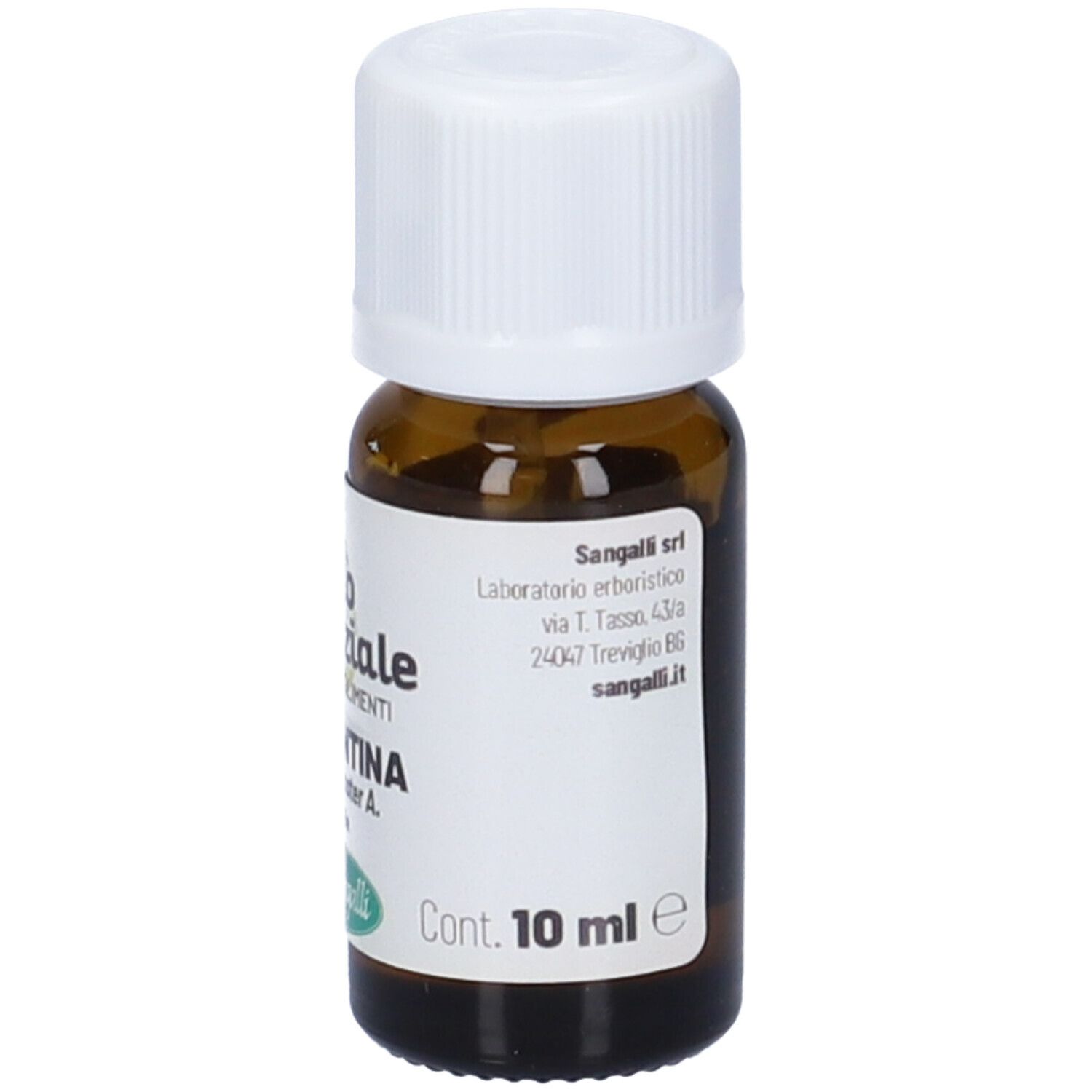 Flacone di vetro marrone con tappo bianco. Etichetta con informazioni sul prodotto e marchio Sangalli. 10 ml.