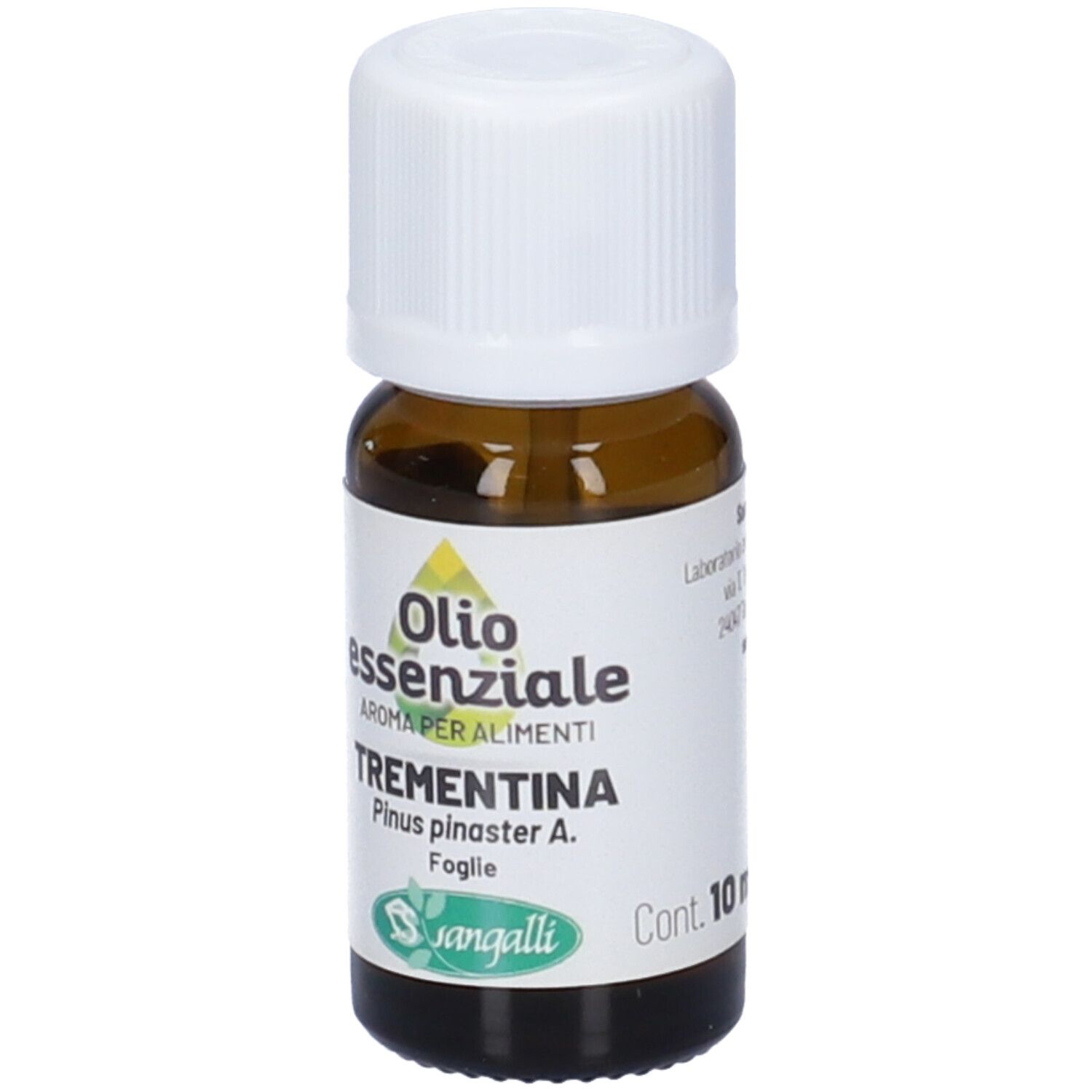 Flacone di vetro marrone con tappo bianco. Etichetta con nome del prodotto, ingredienti e marchio Sangalli. 10 ml.