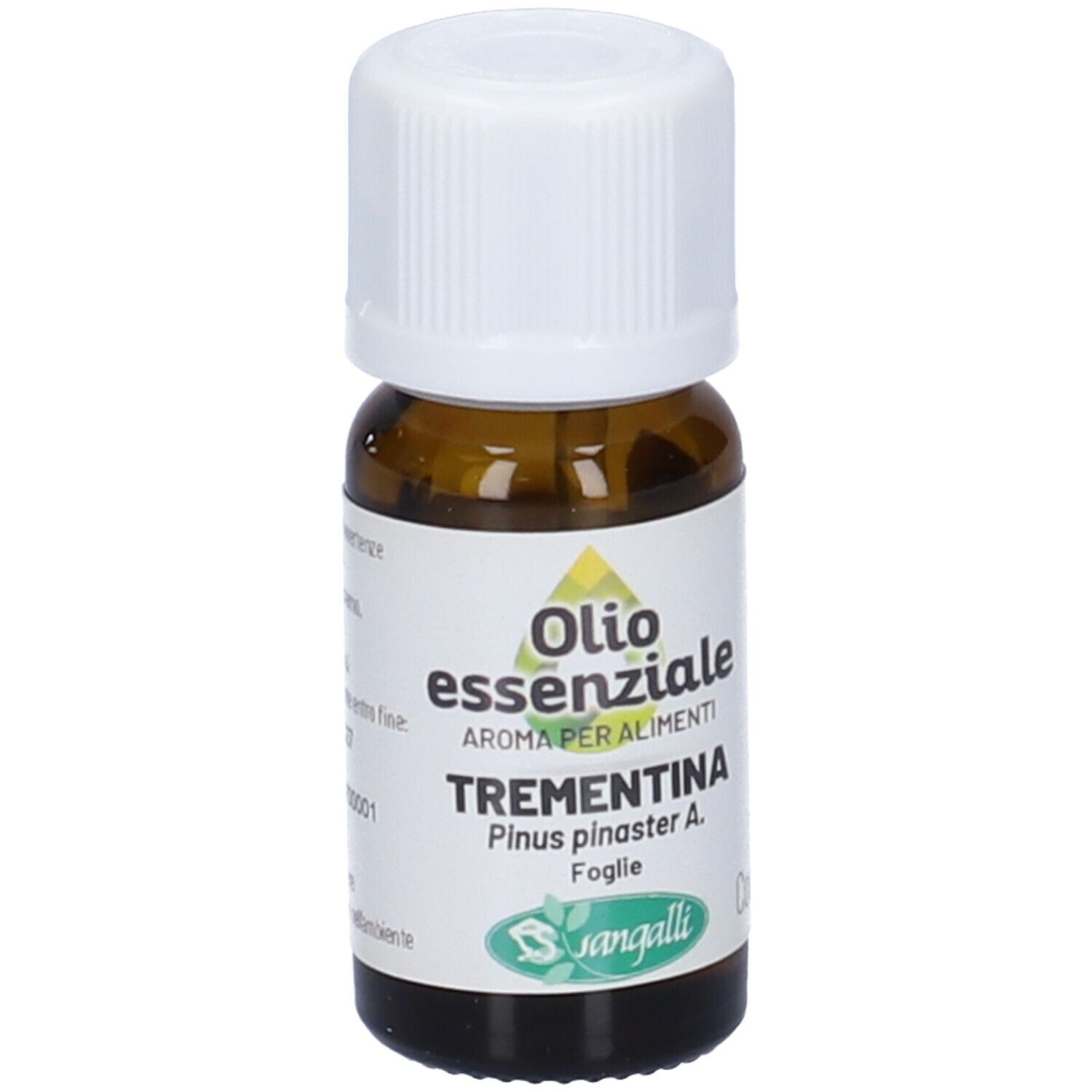 Flacone di vetro marrone con tappo bianco. Etichetta con nome del prodotto, ingredienti e marchio Sangalli. 10 ml.