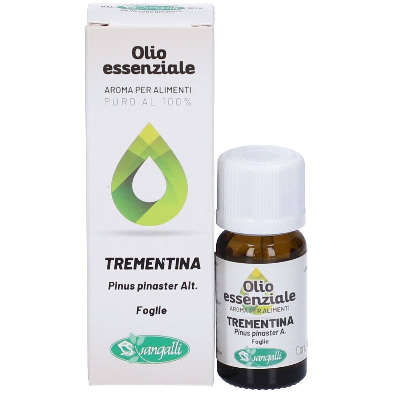 Flacone di vetro marrone con tappo bianco e scatola. Scatola con nome del prodotto, marchio Sangalli e logo. 10 ml.