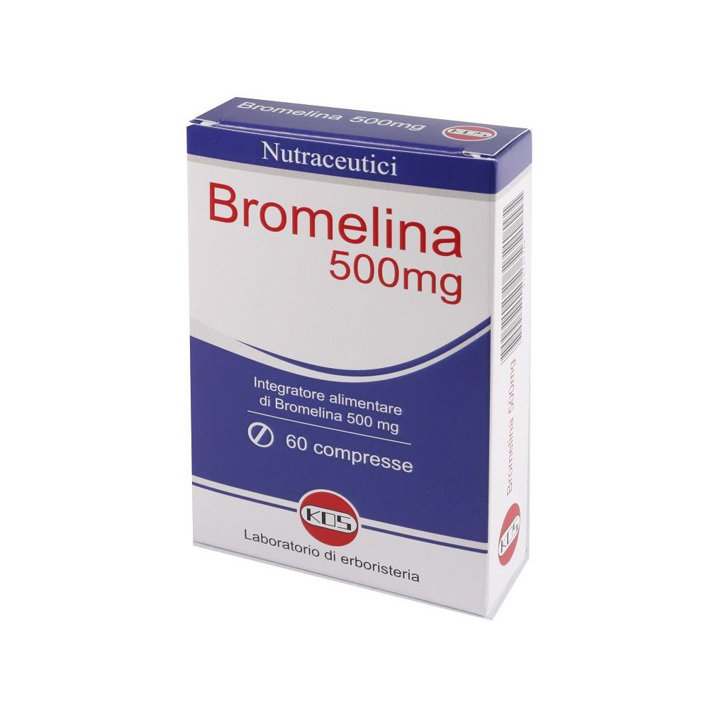 Scatola di Bromelina 500mg. Confezione bianca e blu con testo rosso. Contiene 60 compresse.