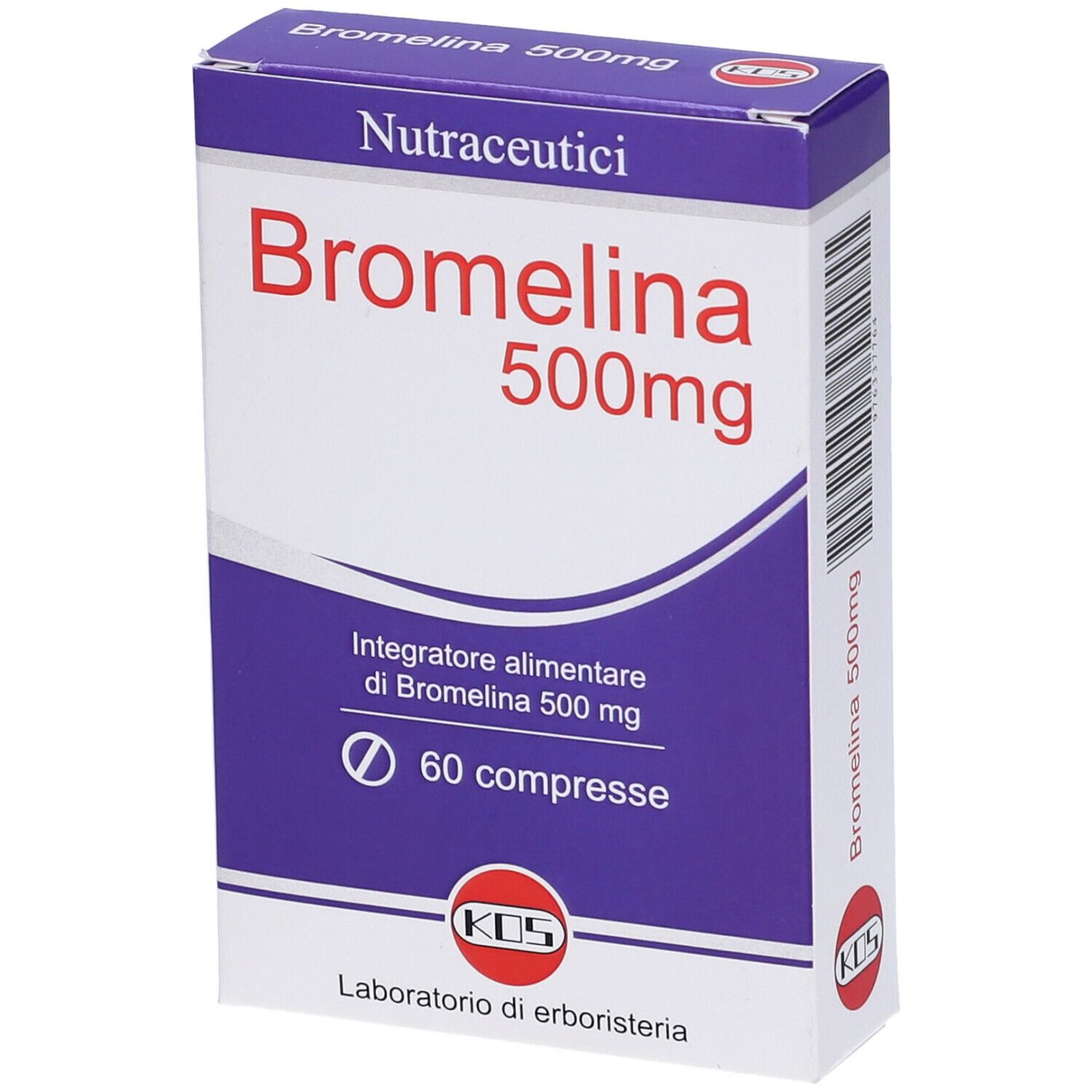 Scatola di Bromelina 500mg, confezione blu e bianca. Contiene 60 compresse. Marchio KDS.