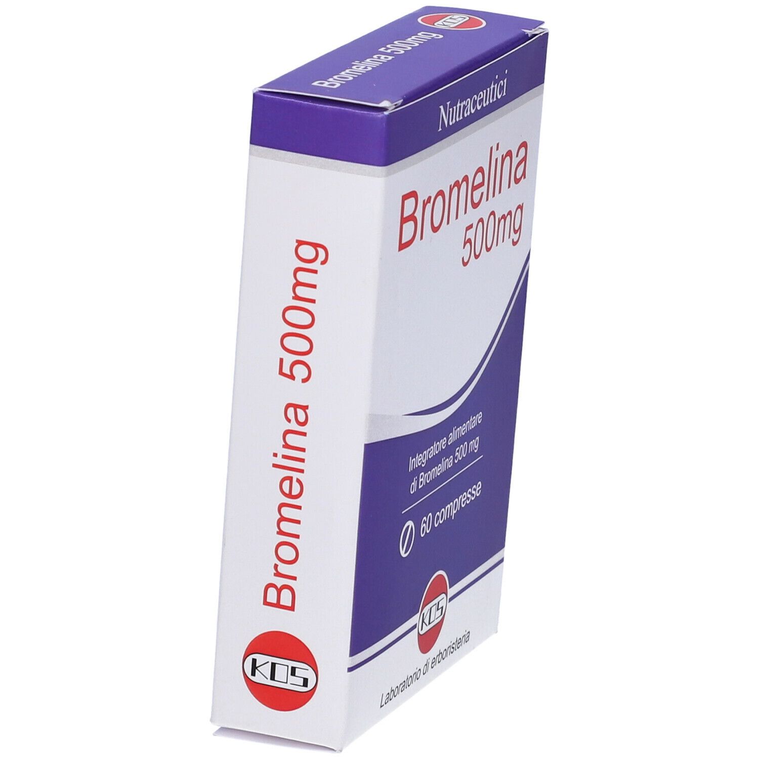 Scatola di Bromelina 500mg, in prospettiva. Confezione blu e bianca. Contiene 60 compresse. Marchio KDS.