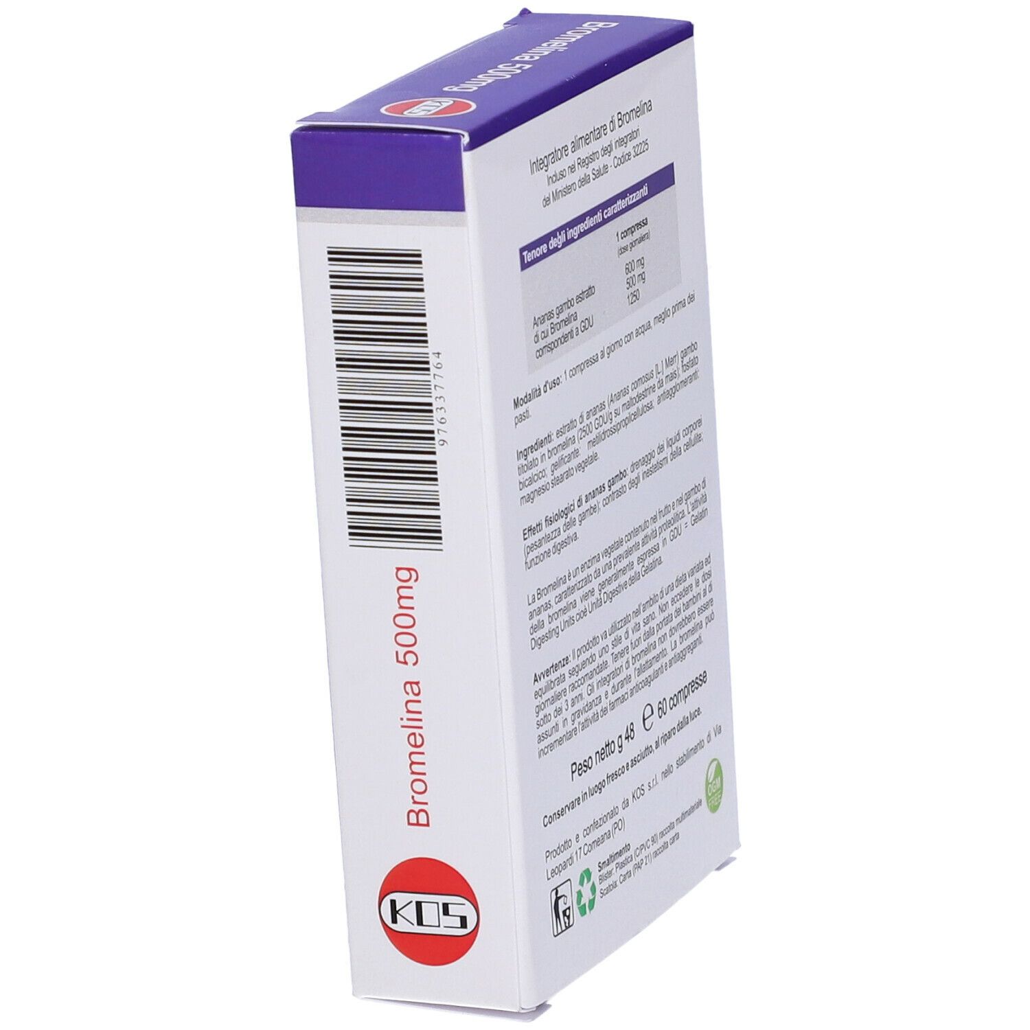 Scatola di Bromelina 500mg, in prospettiva, retro con informazioni. Marchio KDS.