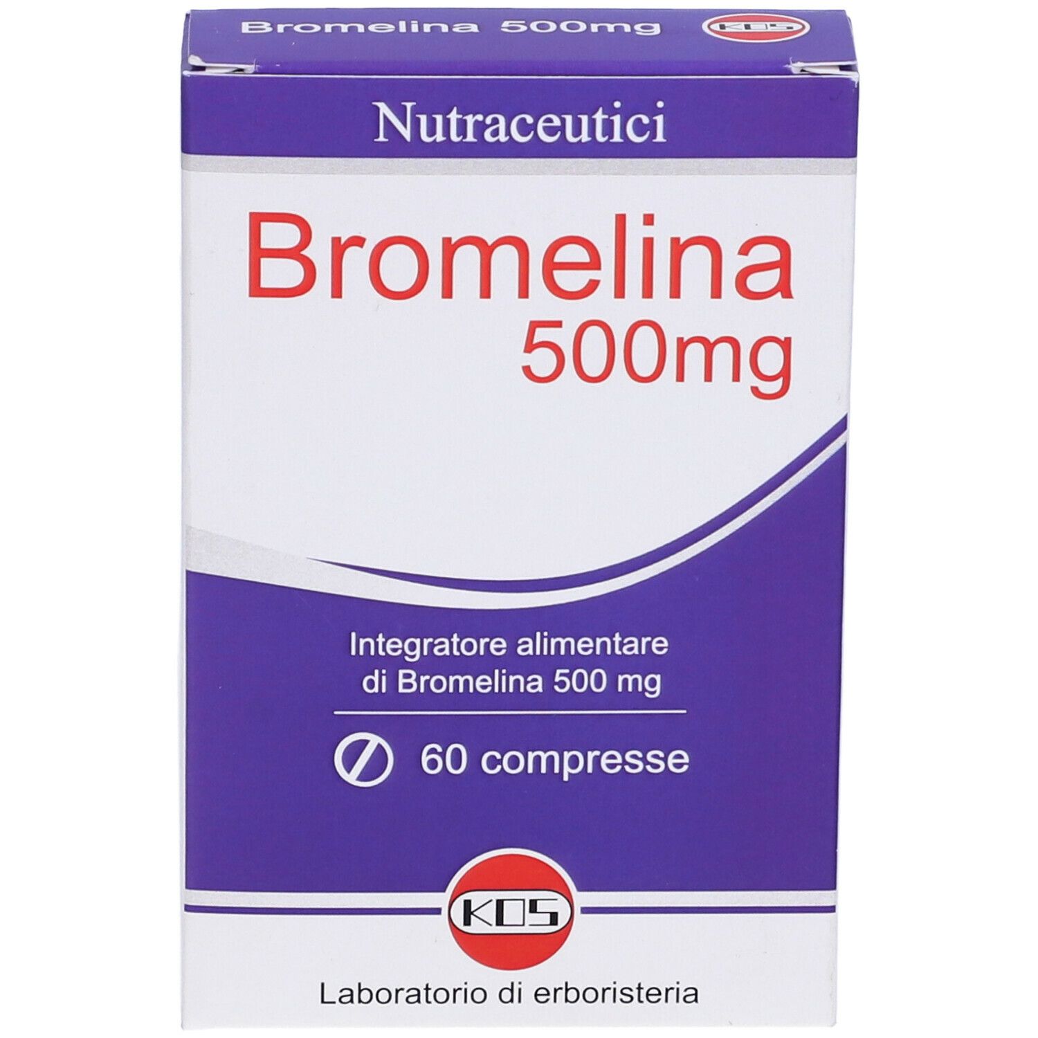 Scatola di Bromelina 500mg, confezione blu e bianca. Contiene 60 compresse. Marchio KDS.